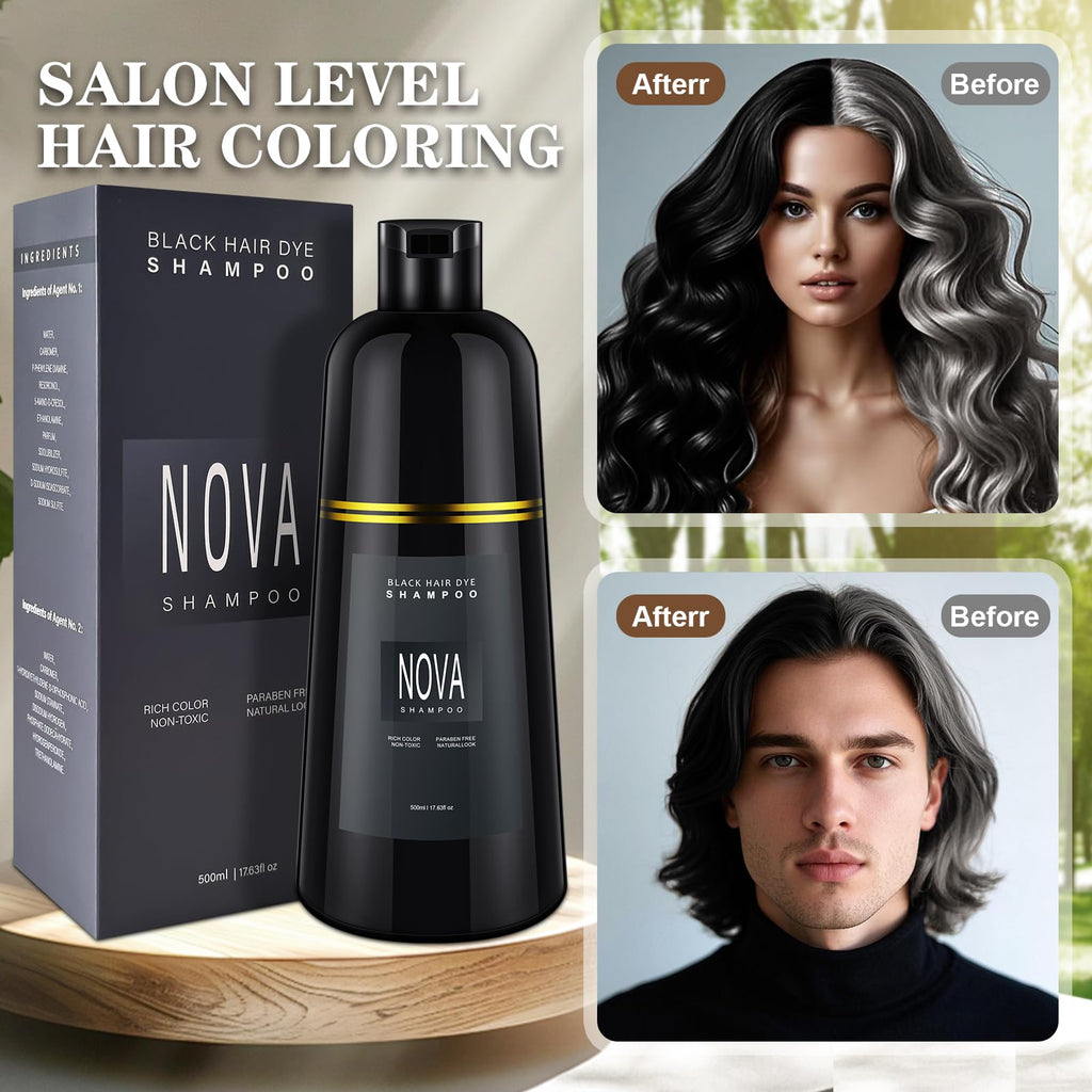 NOVA SHAMPOO Hair Dye Shampoo – 3-in-1 Gray Coverage for Men & Women, Black, 500ml