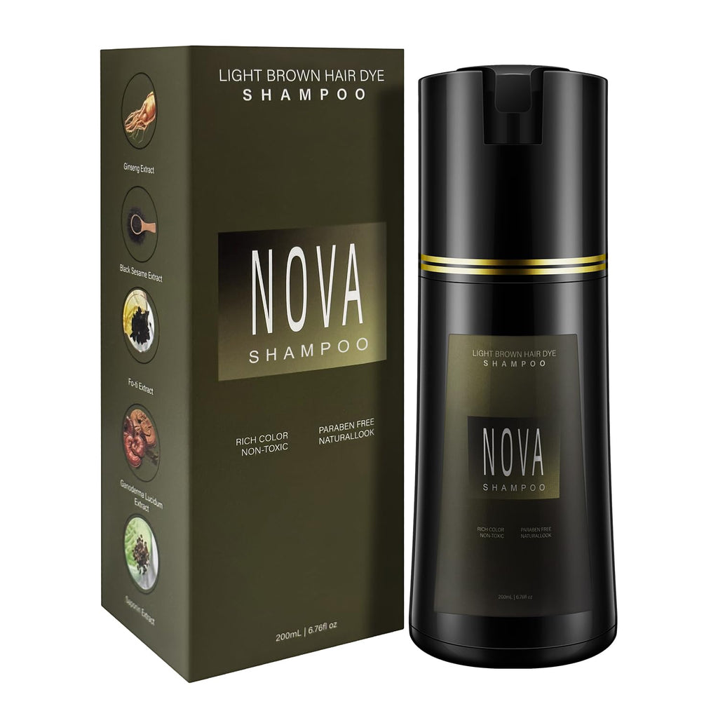 NOVA SHAMPOO Hair Dye Shampoo & Gray Coverage - Natural 3-in-1 Instant Color for Men & Women (Light Brown, 200ml)