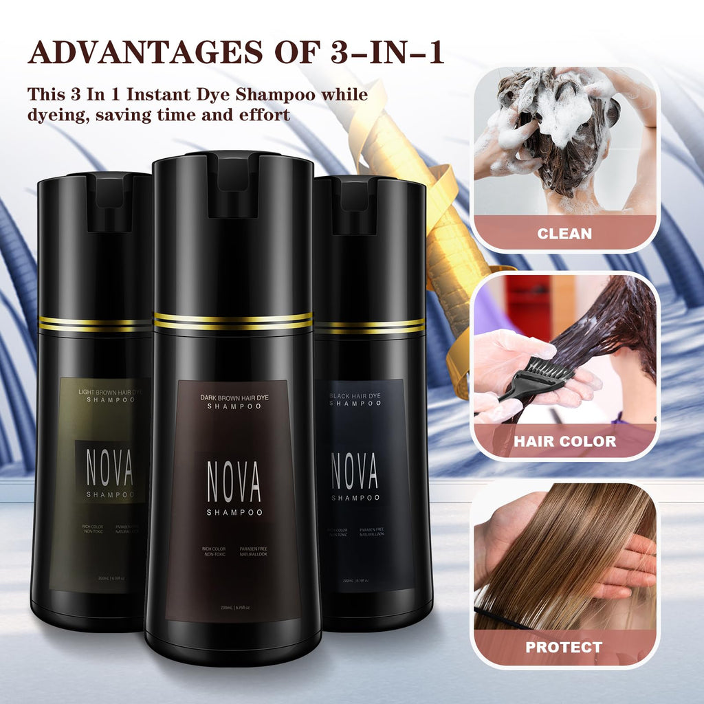 NOVA SHAMPOO Hair Dye Shampoo & Gray Coverage - Natural 3-in-1 Instant Color for Men & Women (Light Brown, 200ml)