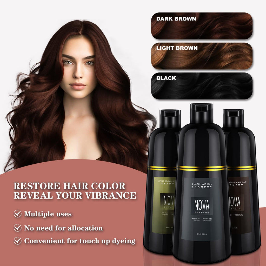 NOVA SHAMPOO Hair Dye Shampoo – 3-in-1 Gray Coverage for Men & Women, Black, 500ml
