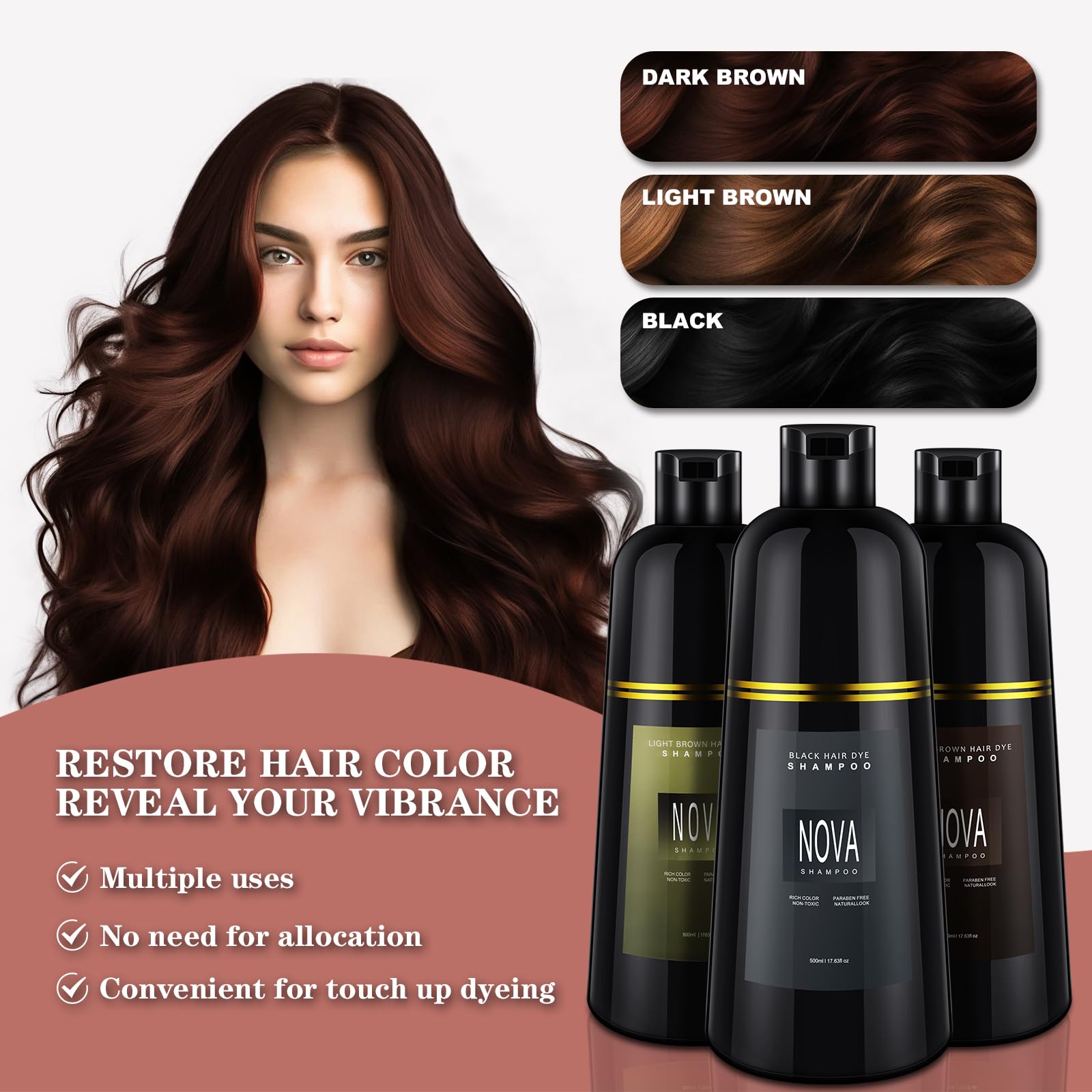 NOVA SHAMPOO Hair Dye Shampoo – 3-in-1 Gray Coverage for Men & Women, Black, 500ml