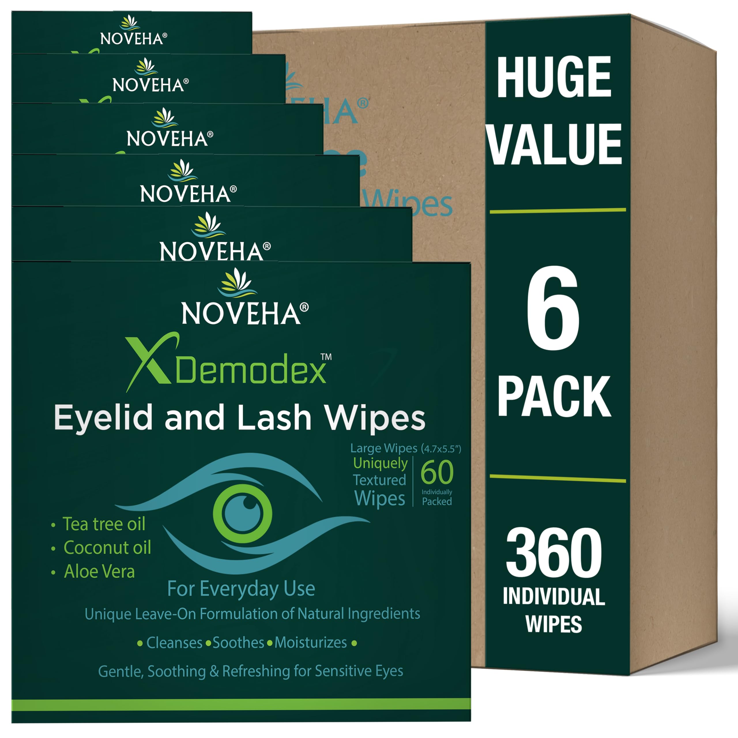 NOVEHA 360pcs Demodex Eyelid & Lash Wipes — Extra Strength Cleansing Wipes, 60 Wipes/Box, Pack of 6