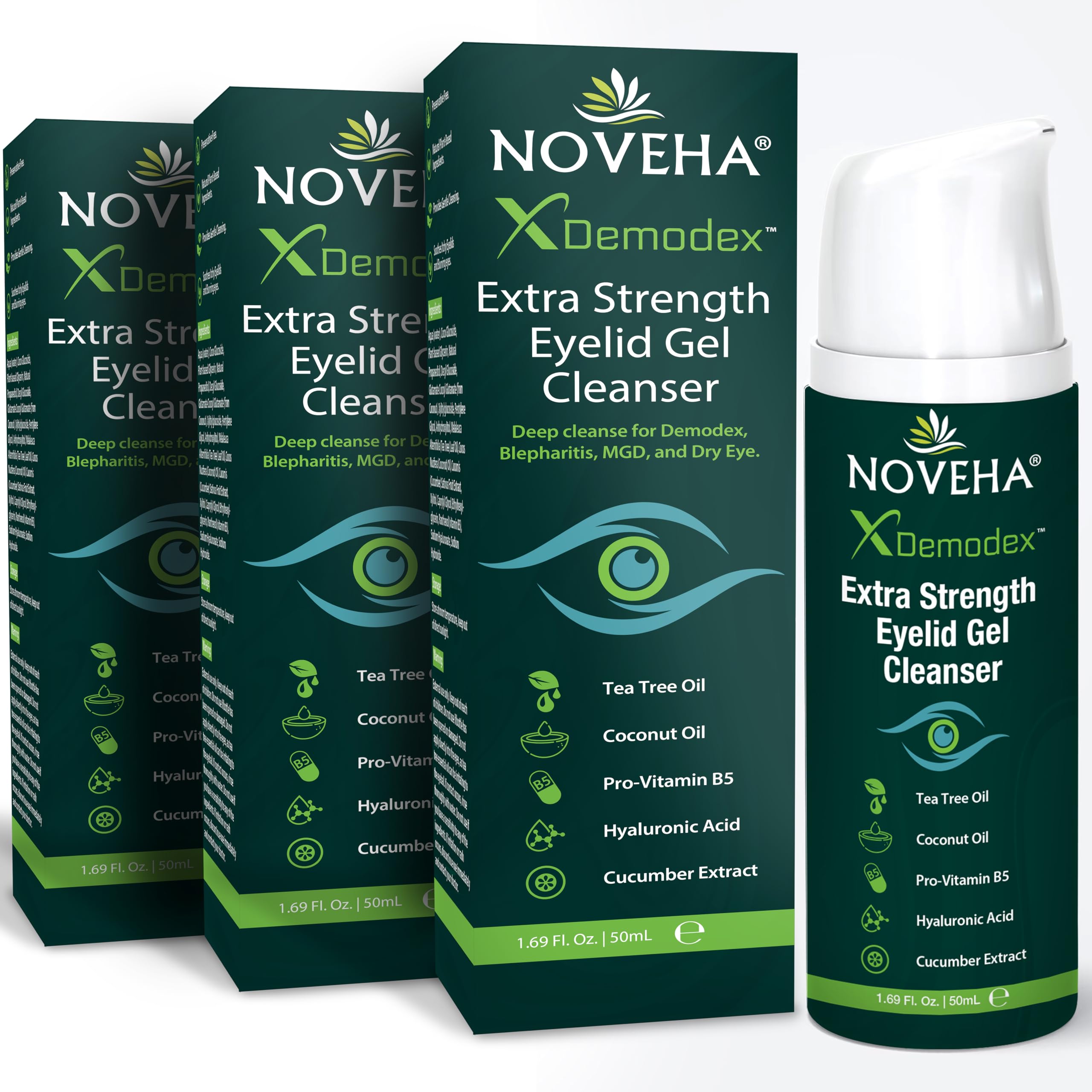 NOVEHA Demodex Eyelid Gel Cleanser - Extra Strength for Demodex, MGD & Dry Eye | 50mL (3 Pack)