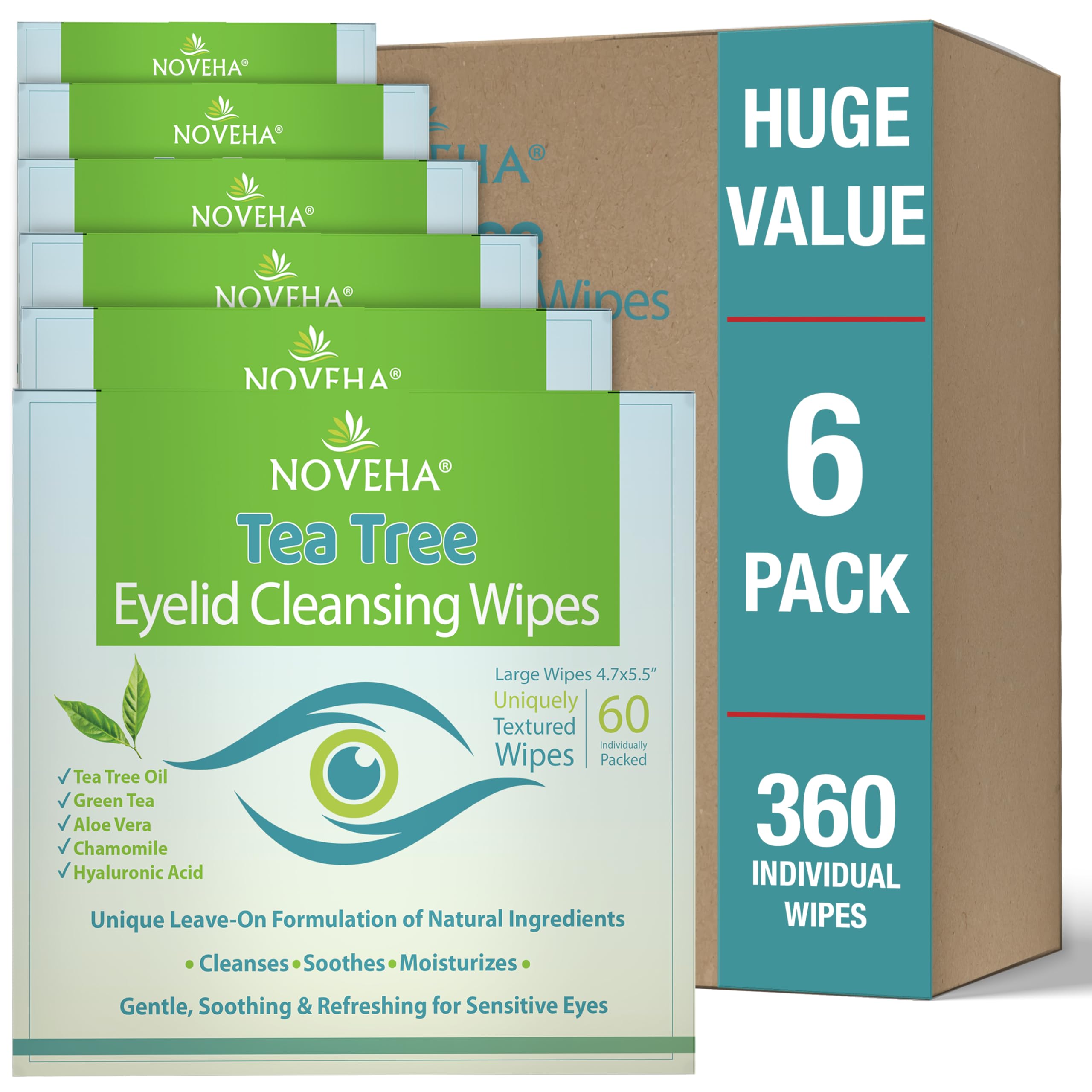 NOVEHA 360PCs Tea Tree Eyelid & Lash Wipes – Gentle Eye Hygiene with Hyaluronic Acid, Green Tea & Chamomile