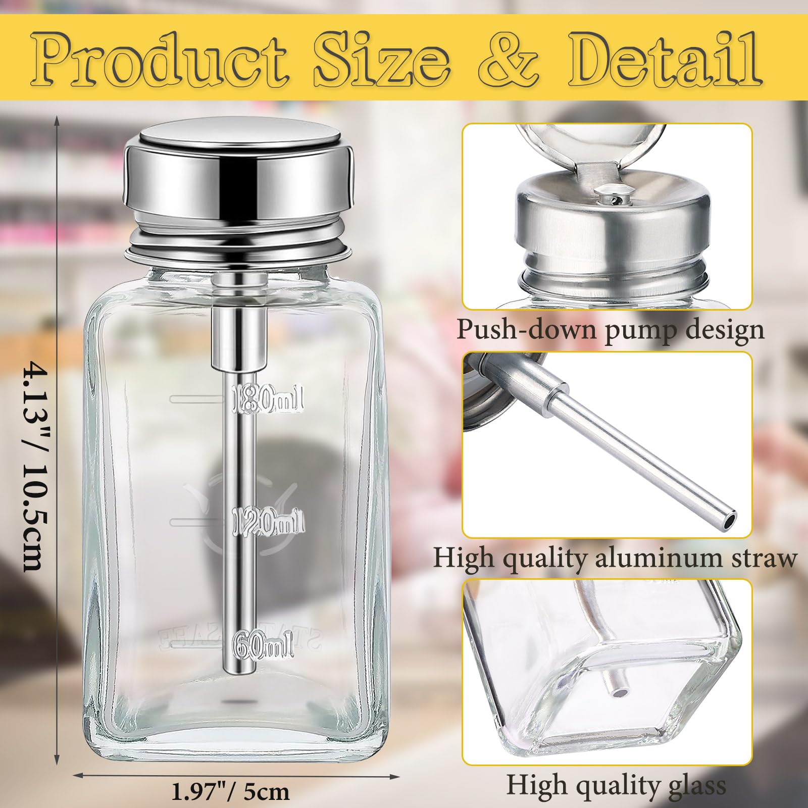 Noverlife 2-Pack 6oz Clear Glass Pump Dispenser Bottles – Refillable Nail Polish Remover Dispenser with Flip Top Cap