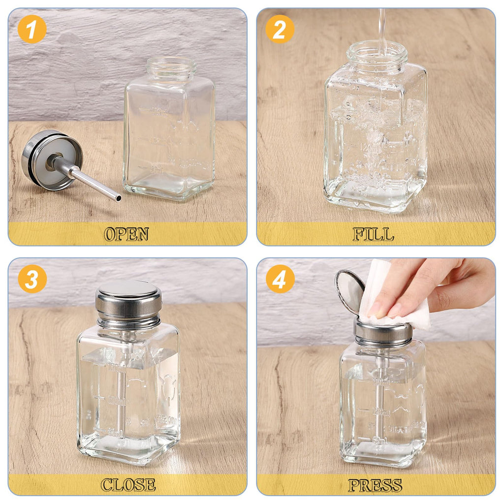 Noverlife 2-Pack 6oz Clear Glass Pump Dispenser Bottles – Refillable Nail Polish Remover Dispenser with Flip Top Cap