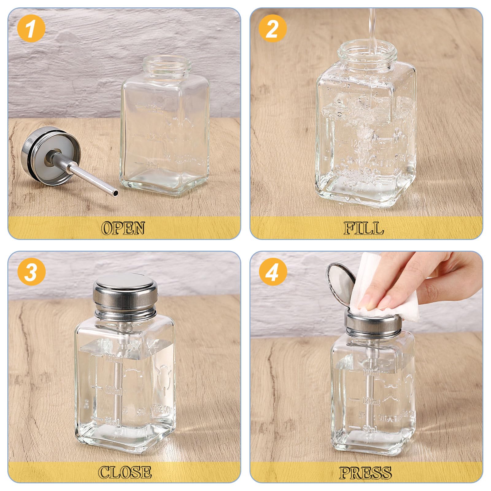 Noverlife 2-Pack 6oz Clear Glass Pump Dispenser Bottles – Refillable Nail Polish Remover Dispenser with Flip Top Cap