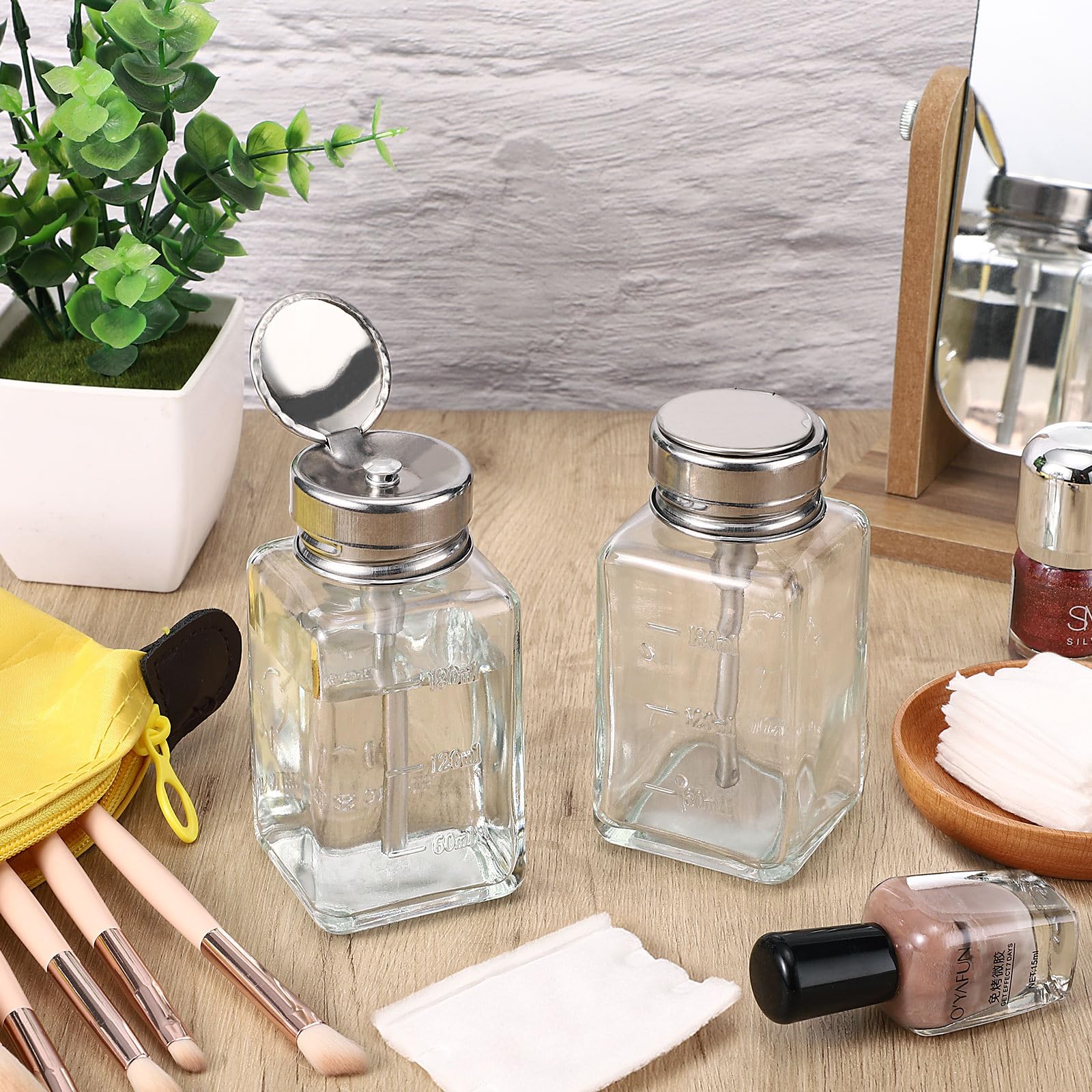 Noverlife 2-Pack 6oz Clear Glass Pump Dispenser Bottles – Refillable Nail Polish Remover Dispenser with Flip Top Cap