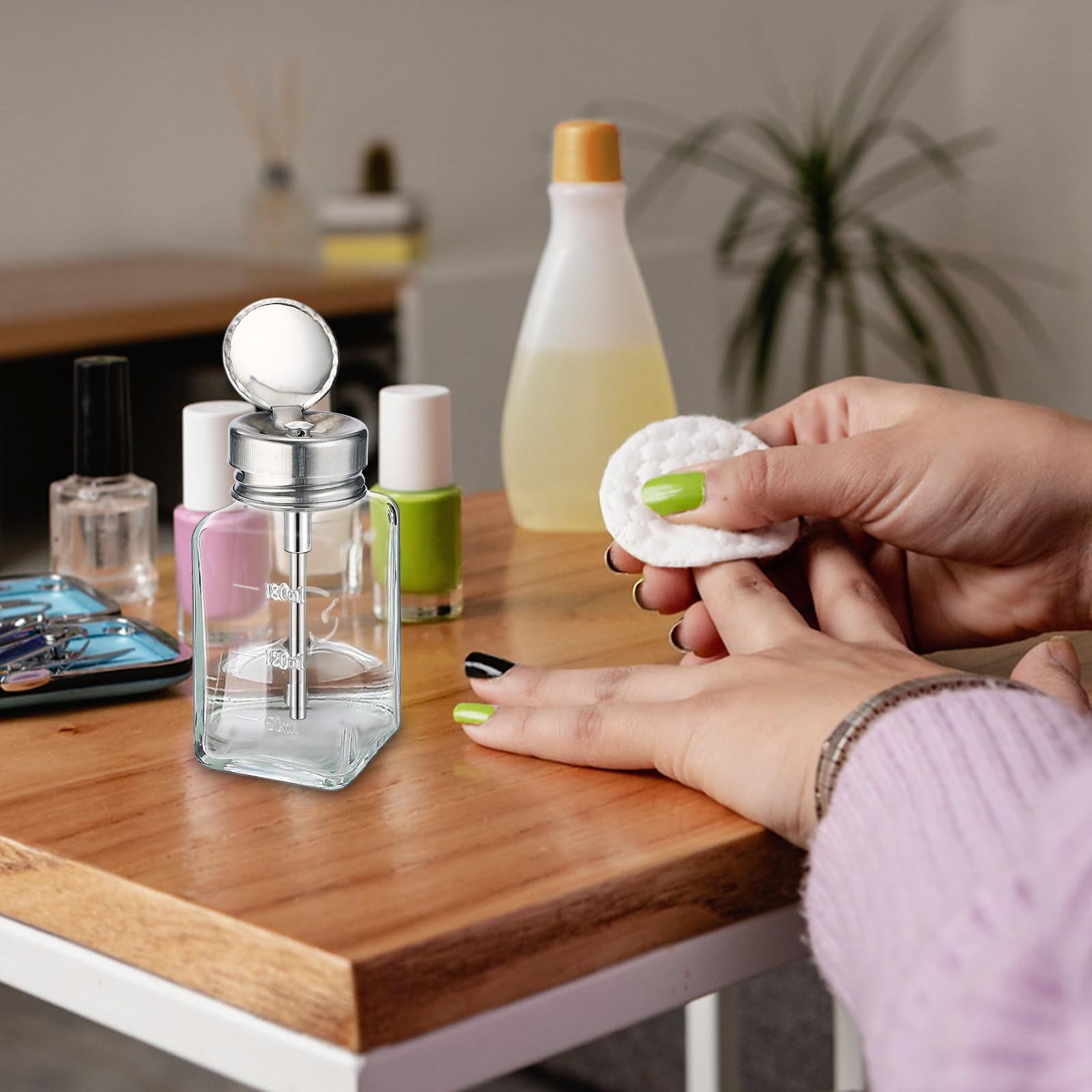 Noverlife 2-Pack 6oz Clear Glass Pump Dispenser Bottles – Refillable Nail Polish Remover Dispenser with Flip Top Cap
