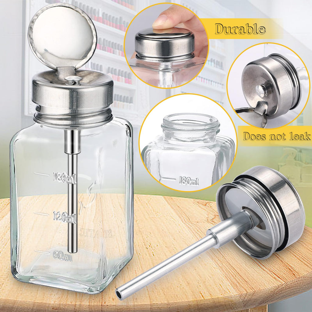 Noverlife 2-Pack 6oz Clear Glass Pump Dispenser Bottles – Refillable Nail Polish Remover Dispenser with Flip Top Cap