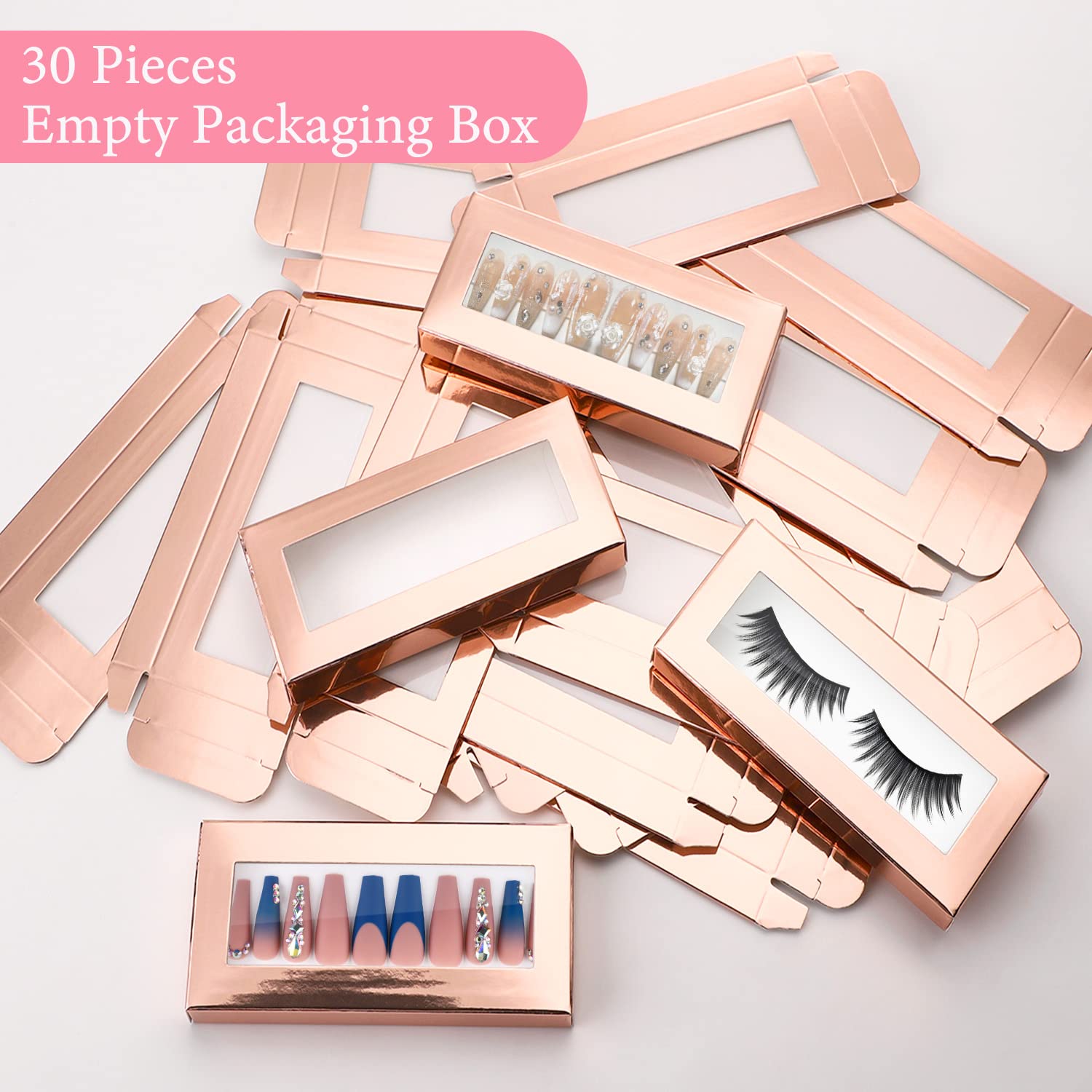 Noverlife 30Pcs Empty Nail Boxes with Rose Gold Pullable Display – For Press-On Nails