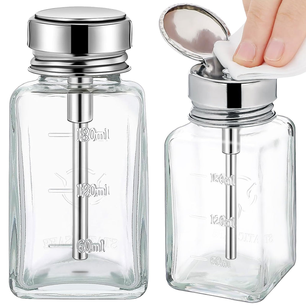 Noverlife 2-Pack 6oz Clear Glass Pump Dispenser Bottles – Refillable Nail Polish Remover Dispenser with Flip Top Cap