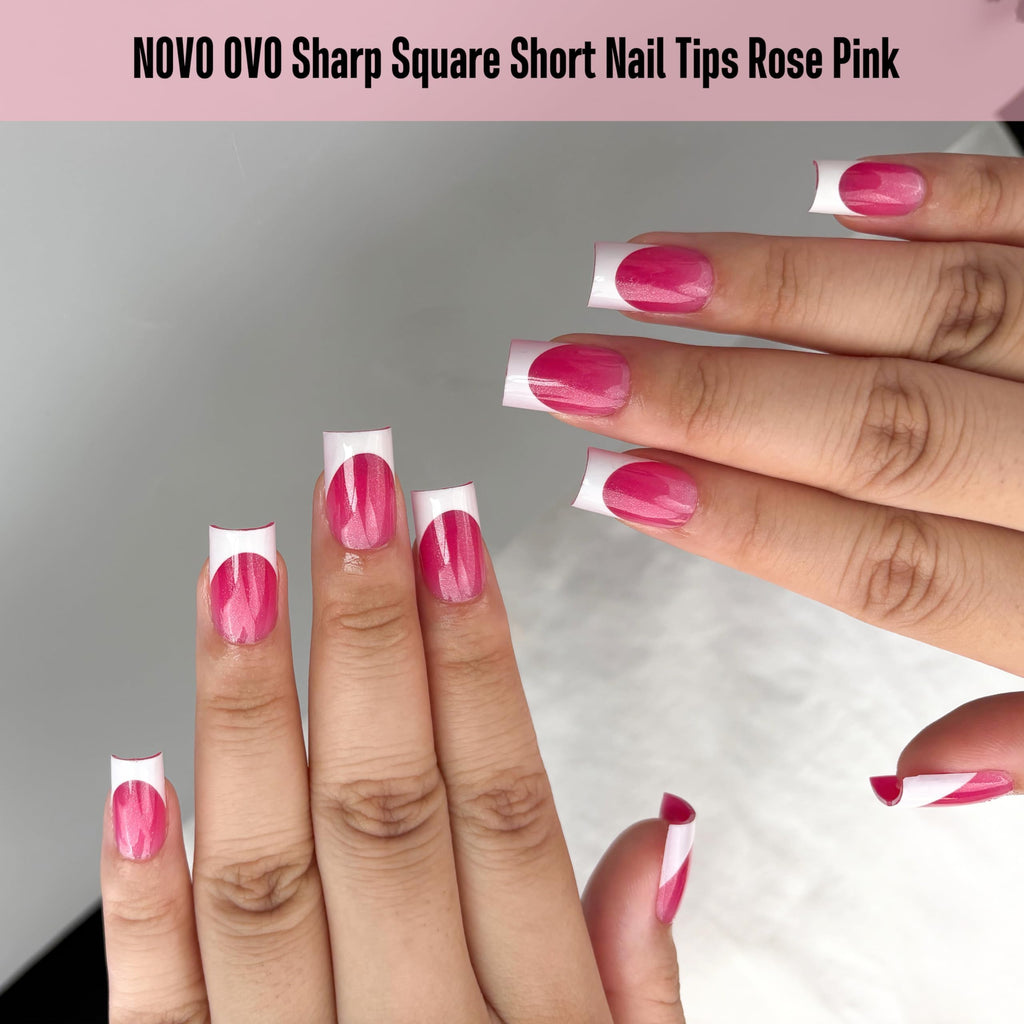 NOVO OVO Short Sharp Square White French Tip Nails – Press-On, 15 Sizes, 240 pcs
