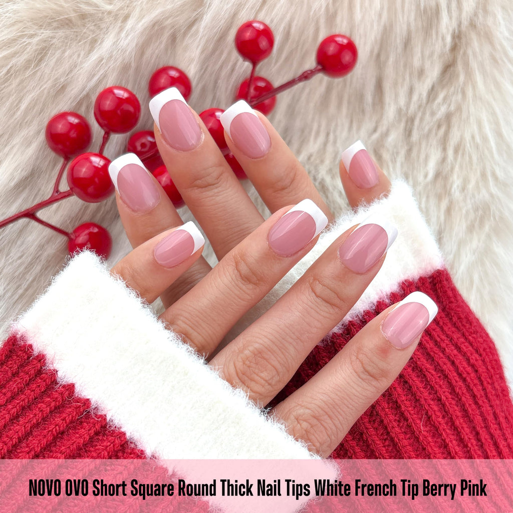 NOVO OVO Berry Pink Short Square Round French Tip Nails – 240 Pcs, 15 Sizes