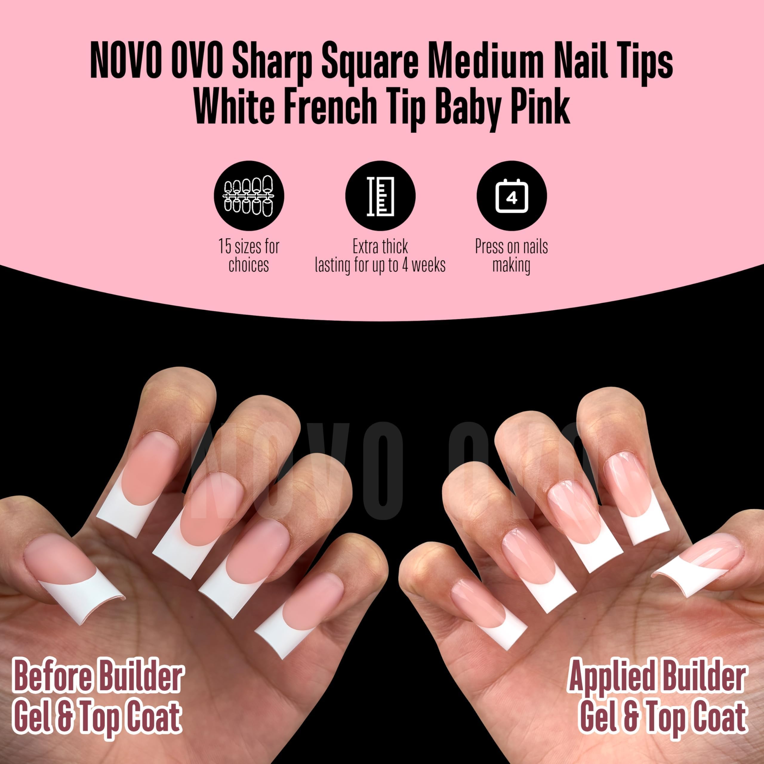NOVO OVO Medium Sharp Square White French Tip Nail Tips – Baby Pink, Extra Thick Builder Gel & Top Coat, 180 pc
