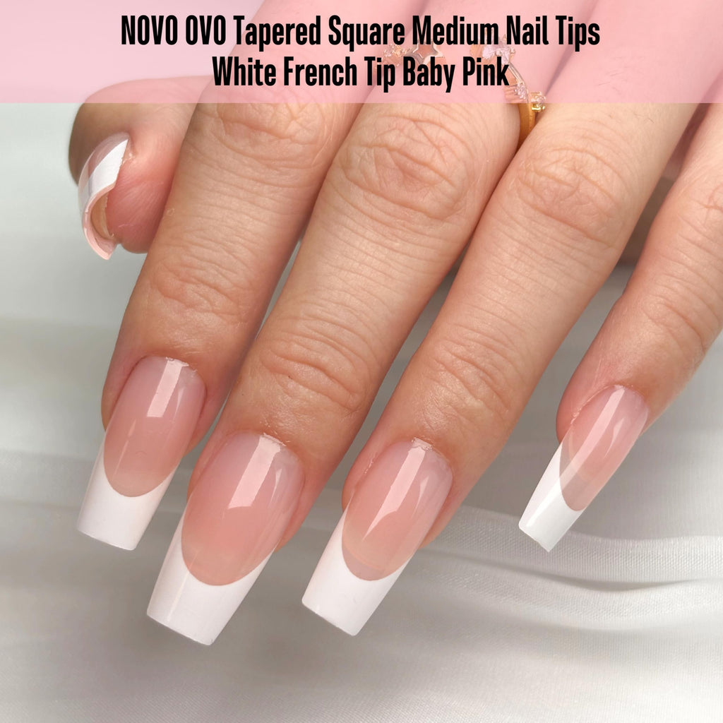 NOVO OVO White French Tip Medium Coffin Nail Tips – Baby Pink, Extra Thick Soft Gel, 240 pcs (15 Sizes)