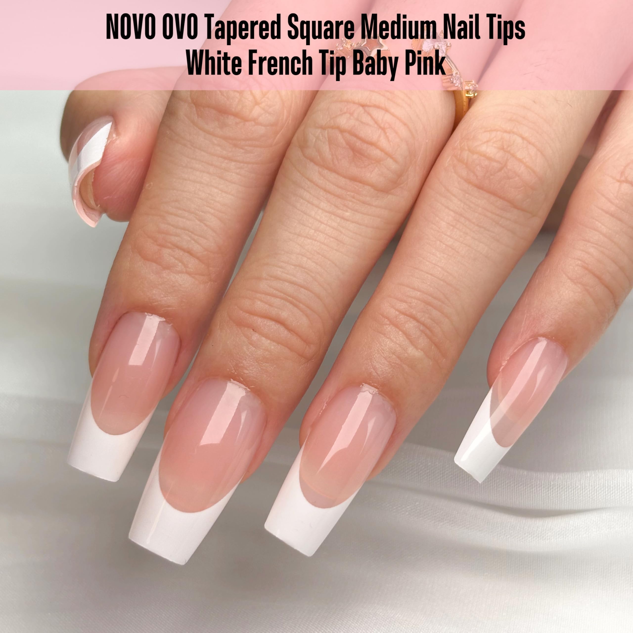 NOVO OVO White French Tip Medium Coffin Nail Tips – Baby Pink, Extra Thick Soft Gel, 240 pcs (15 Sizes)
