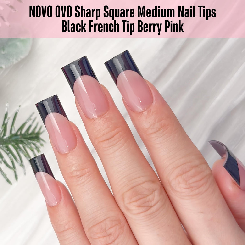 NOVO OVO Berry Pink Nail Tips – Medium Sharp Square Black French Tip, 180pc, 15 Sizes