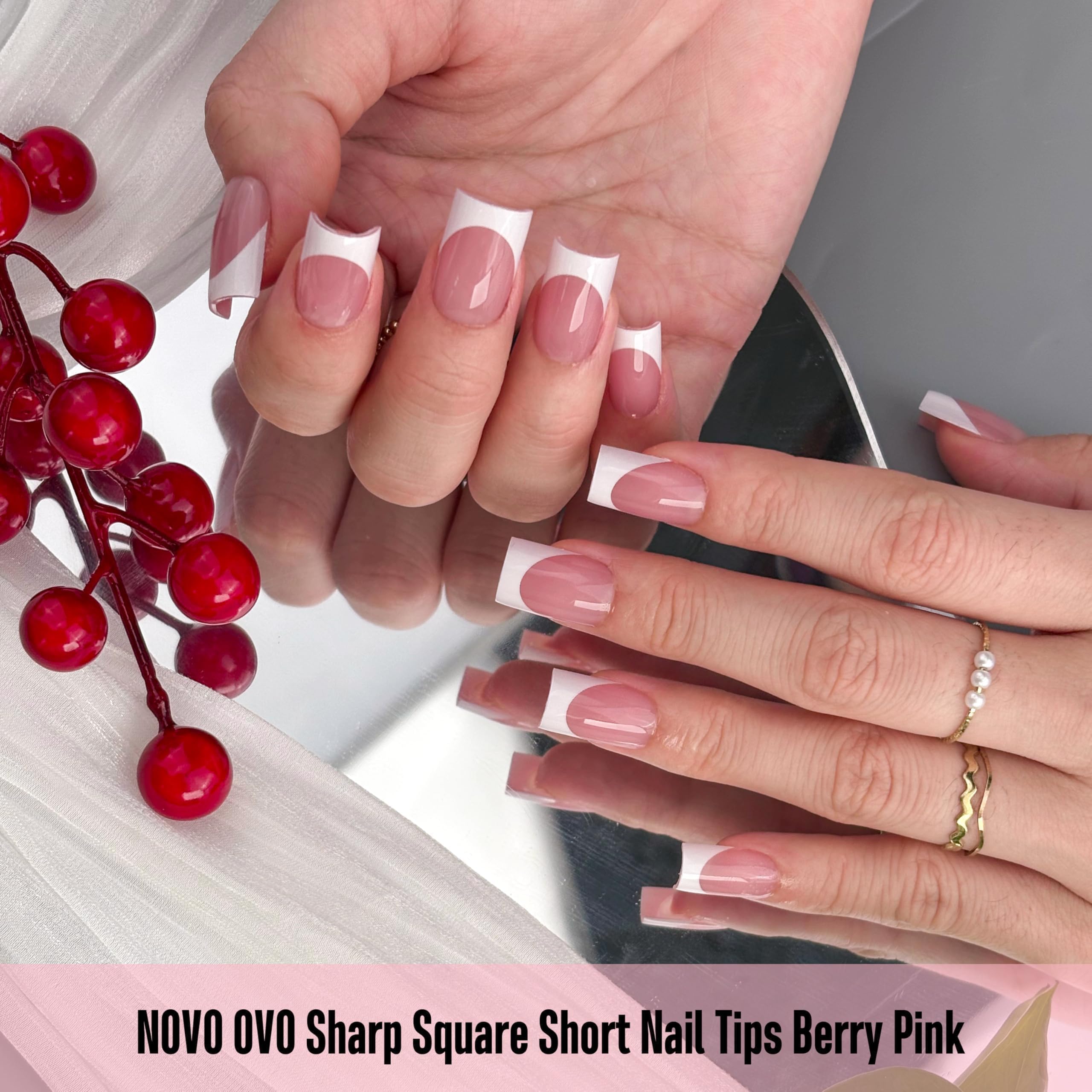 NOVO OVO Short Sharp Square White French Tip Nail Tips Berry Pink – 240 pcs, 15 Sizes
