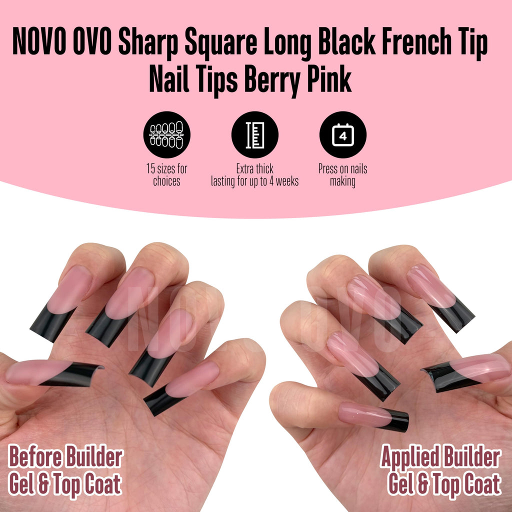 NOVO OVO Long Sharp Square Black French Tip Nail Tips – Berry Pink, 180 pc, 15 Sizes, Builder Gel Ready