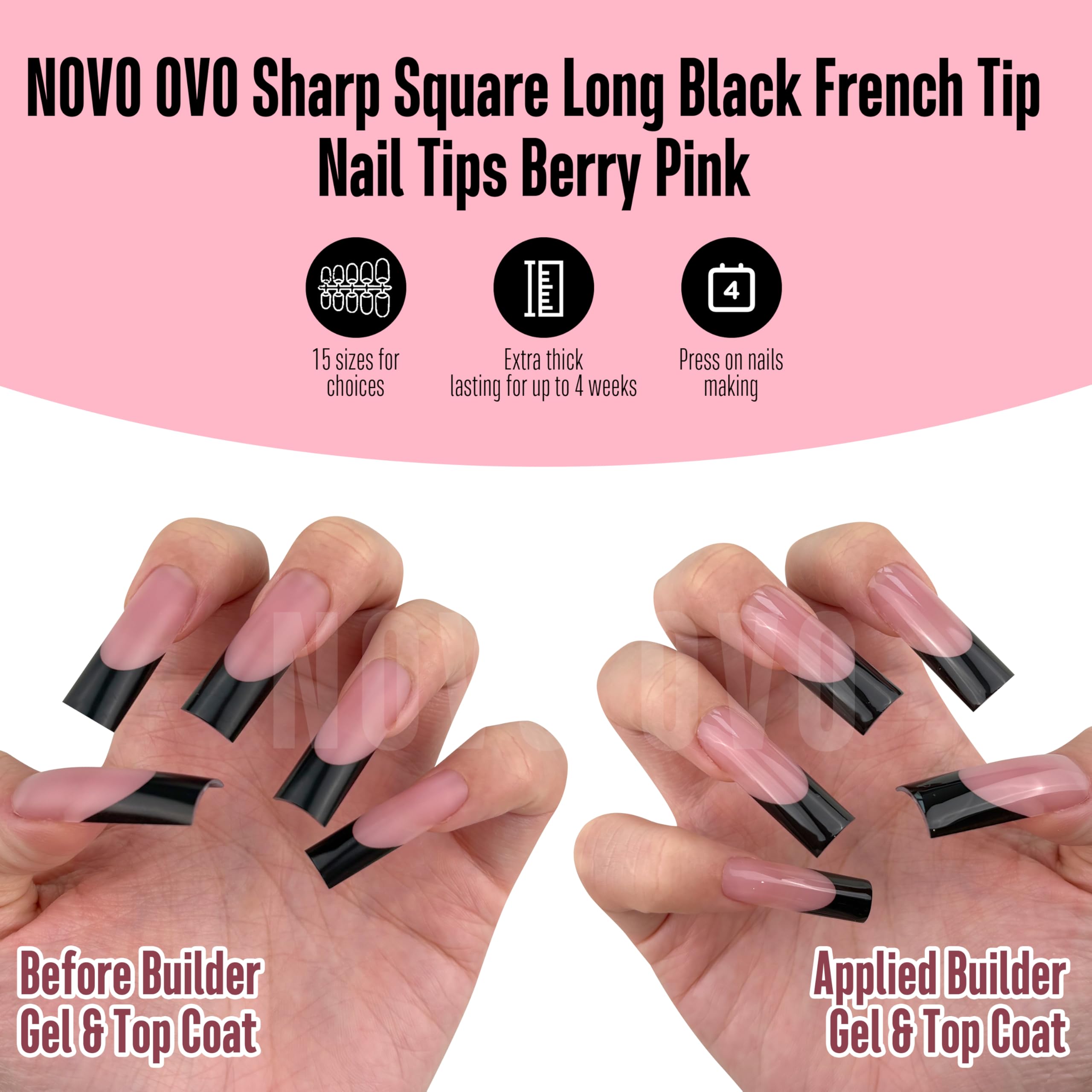 NOVO OVO Long Sharp Square Black French Tip Nail Tips – Berry Pink, 180 pc, 15 Sizes, Builder Gel Ready