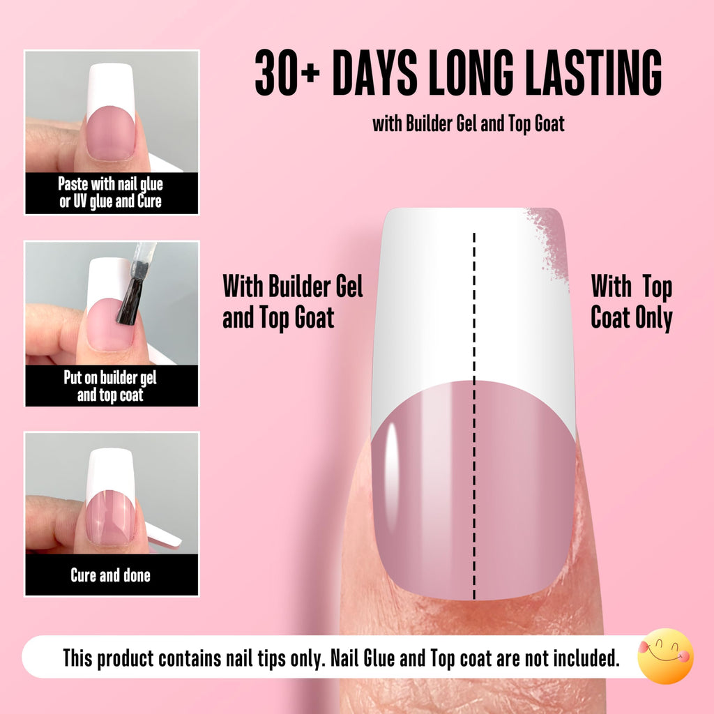 NOVO OVO Old School Wide White French Tip Nail Tips – Press On, Extra Thick Soft Gel, 15 Sizes, 240 pcs