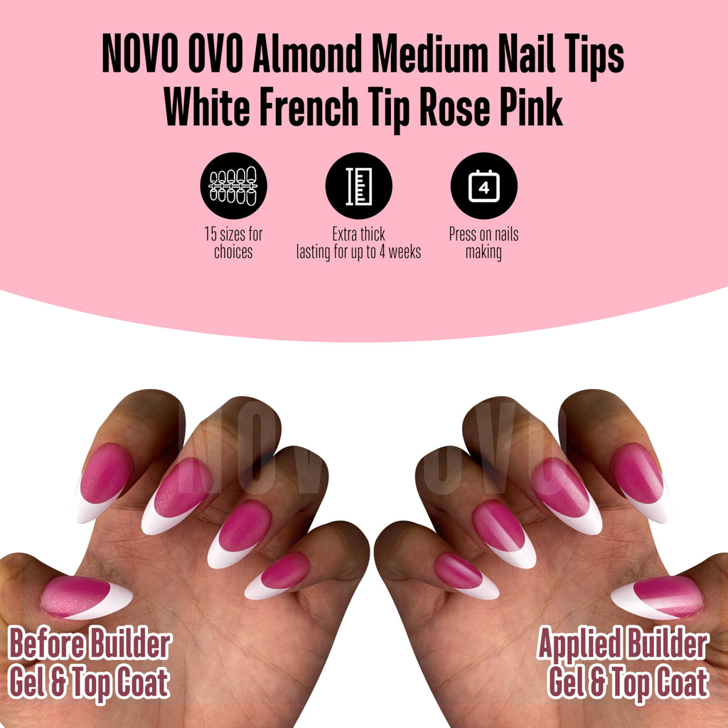NOVO OVO White French Tip Almond Nail Tips – Rose Pink, Extra Thick Soft Gel Press-On (240 pcs)