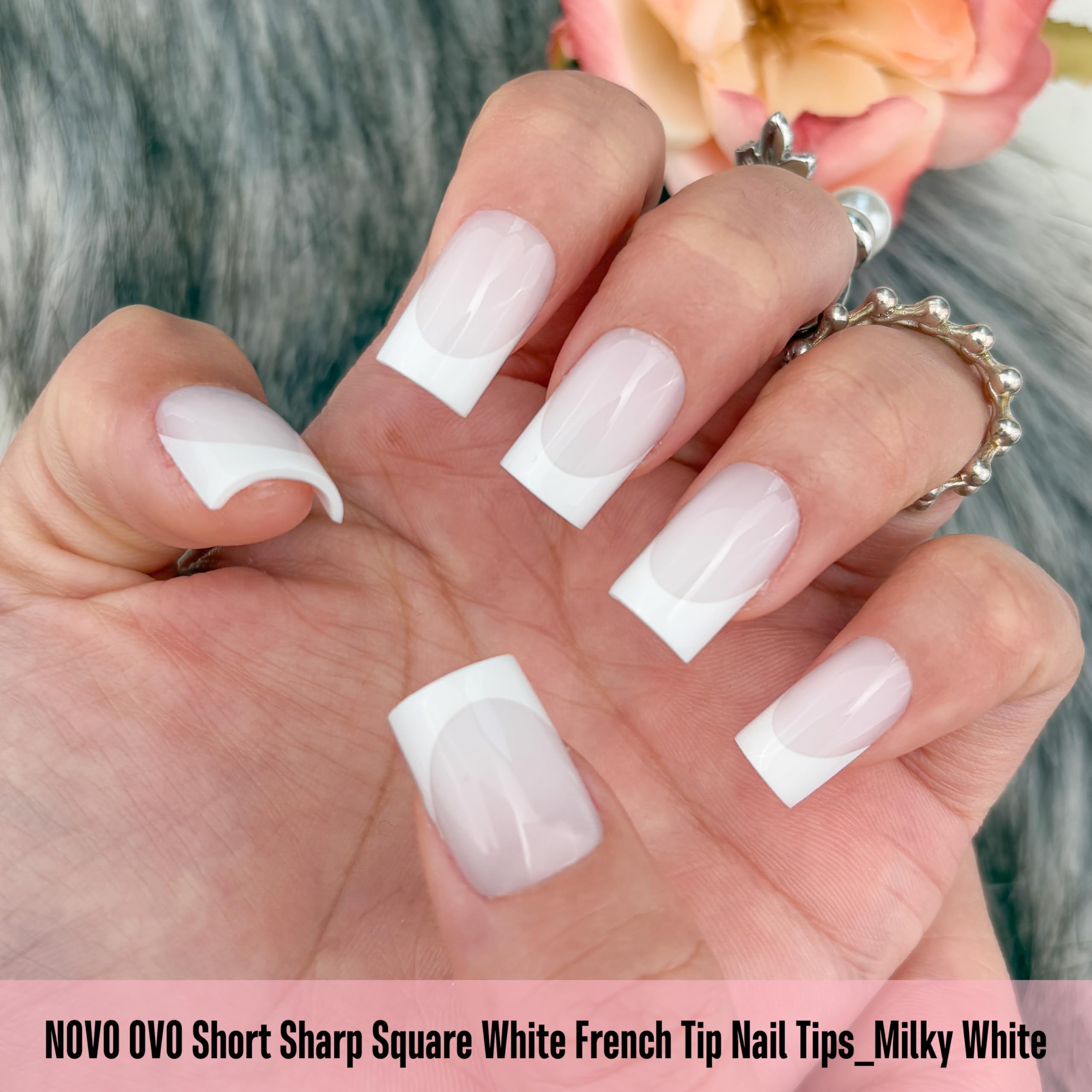 NOVO OVO Milky White Short Sharp Square French Tip Nails – Press-On Soft Gel Tips, 15 Sizes, 240 pcs