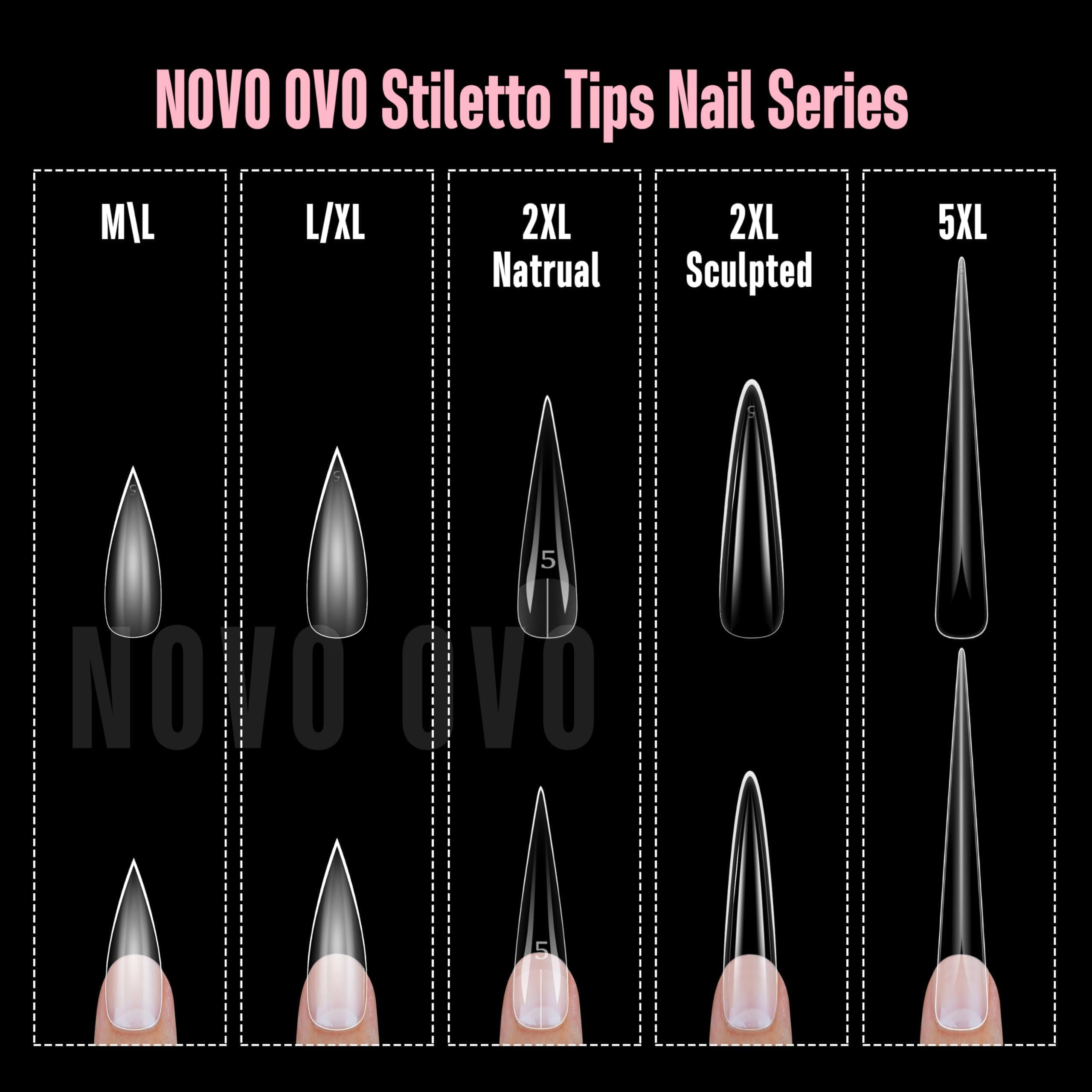 NOVO OVO Sharp Stiletto Nail Tips — Soft Gel, Full-Cover, 224 pcs, 16 Sizes