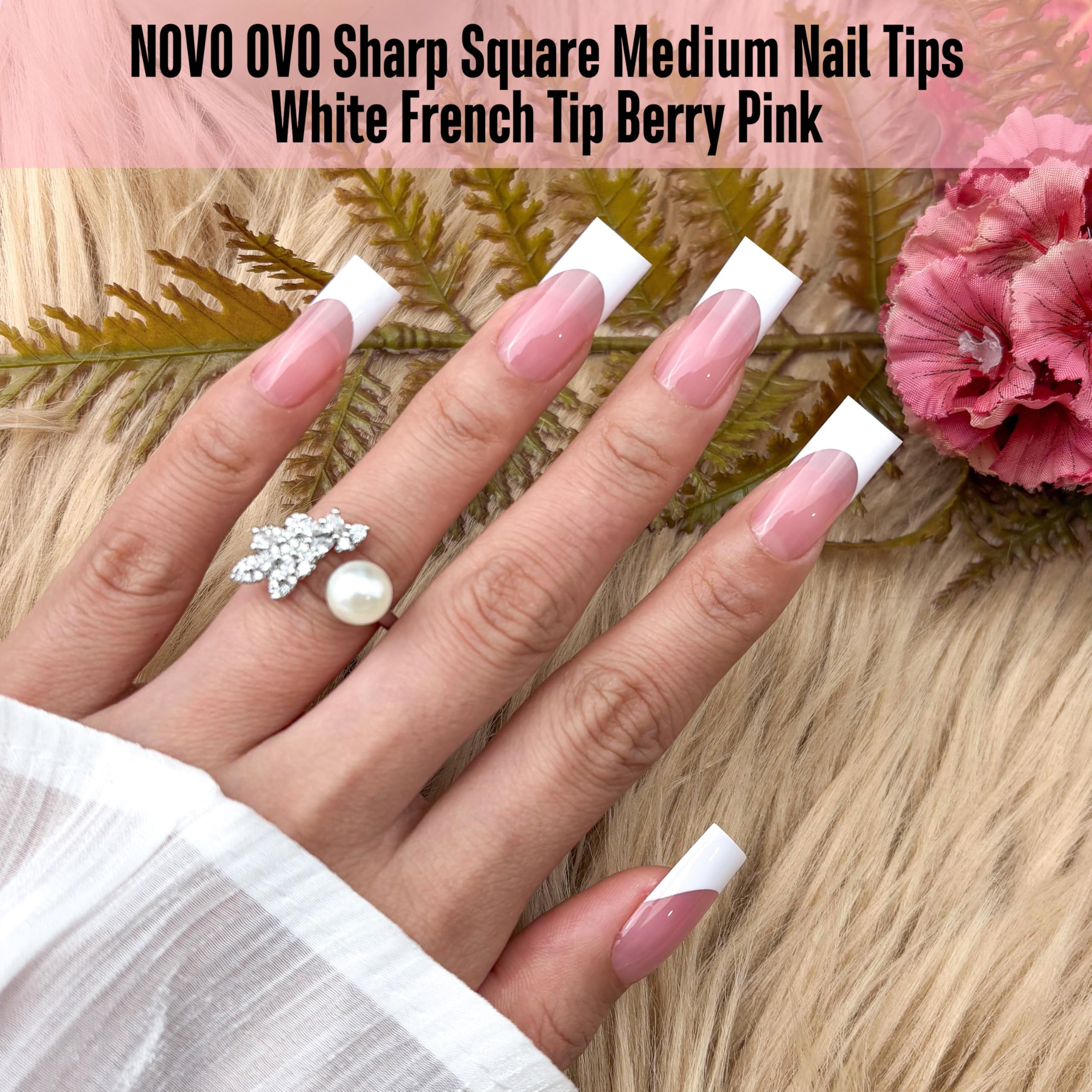 NOVO OVO Berry Pink French Tip Nails | Medium Sharp Square Press-On (180 pc) with Builder Gel & Top Coat