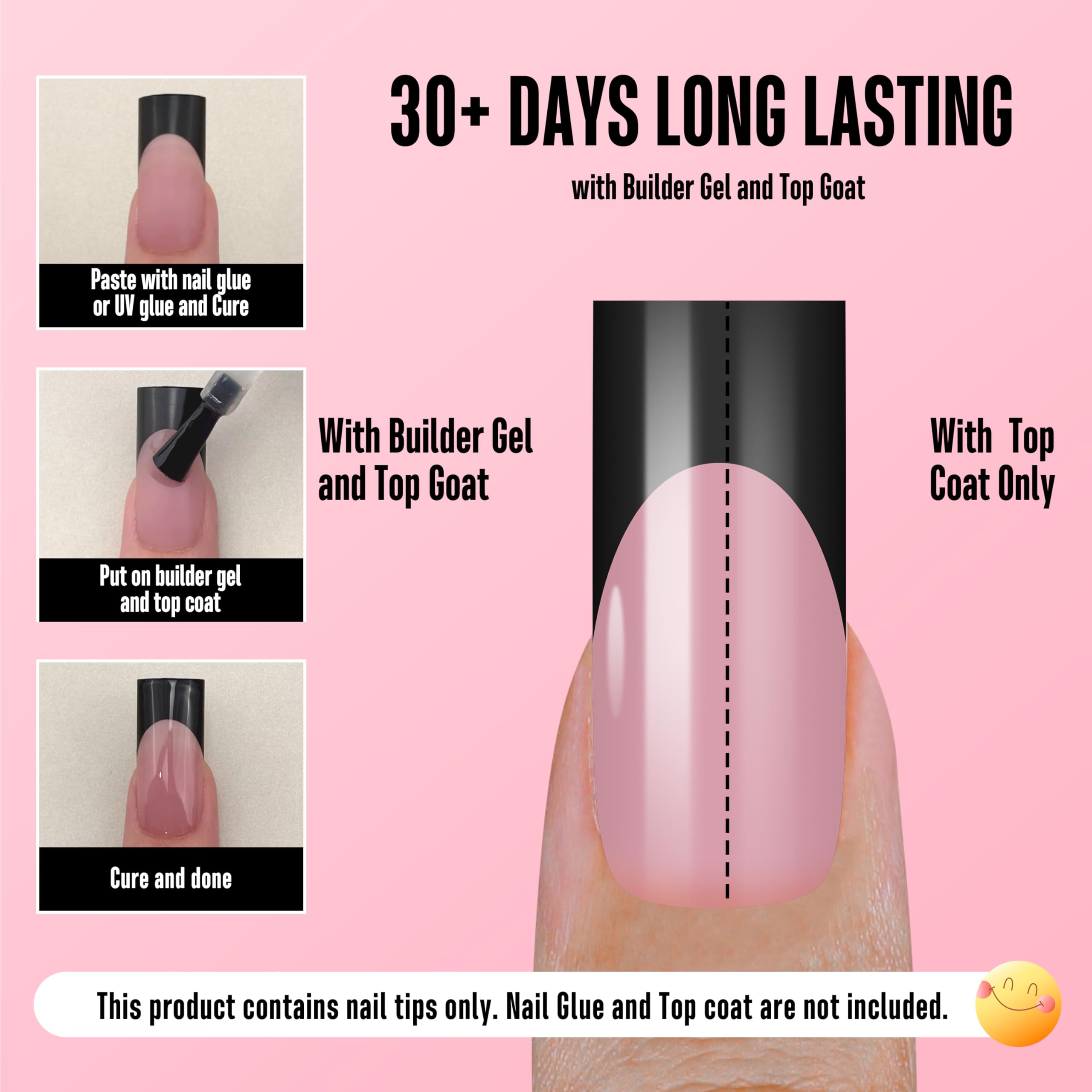 NOVO OVO Berry Pink Nail Tips – Medium Sharp Square Black French Tip, 180pc, 15 Sizes
