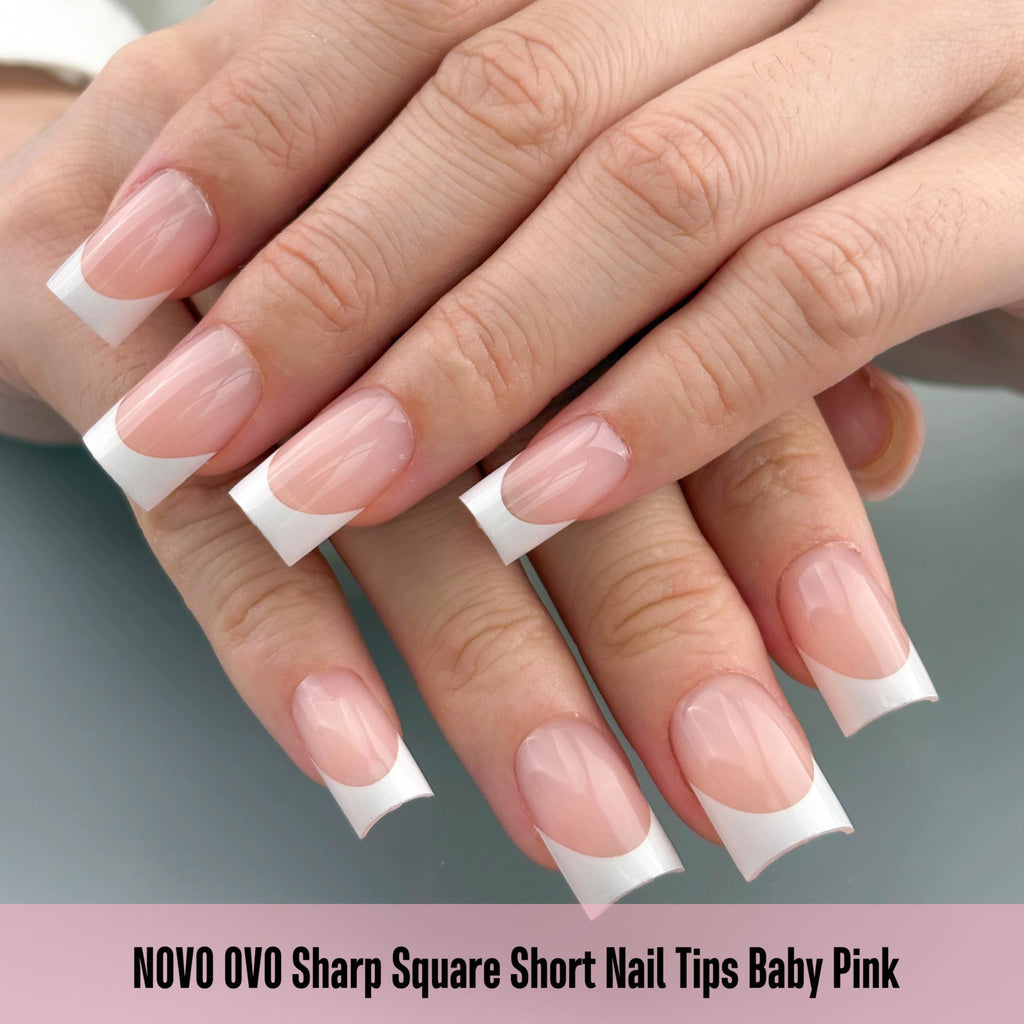 NOVO OVO Short Sharp Square White French Tip Nail Tips – Baby Pink Press-On, 240 pcs, 15 Sizes