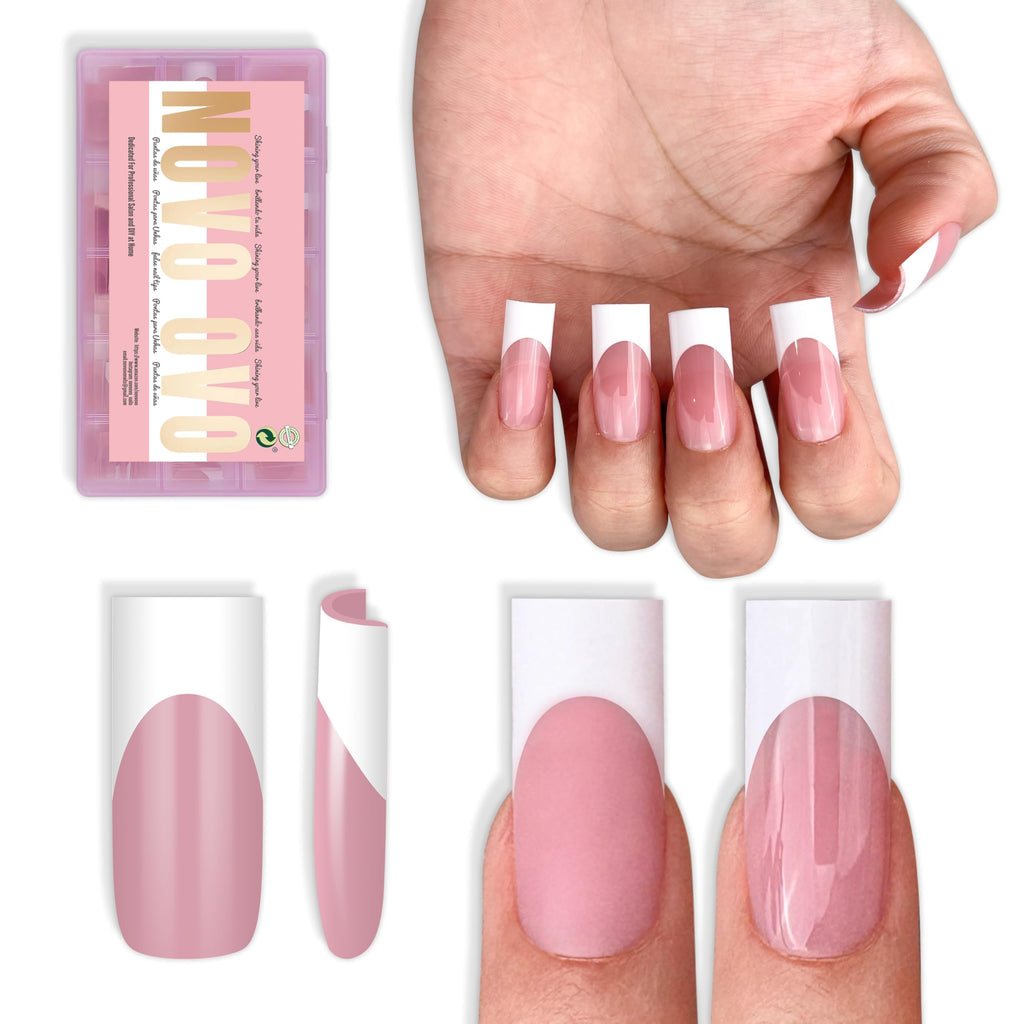 NOVO OVO Berry Pink French Tip Nails | Medium Sharp Square Press-On (180 pc) with Builder Gel & Top Coat