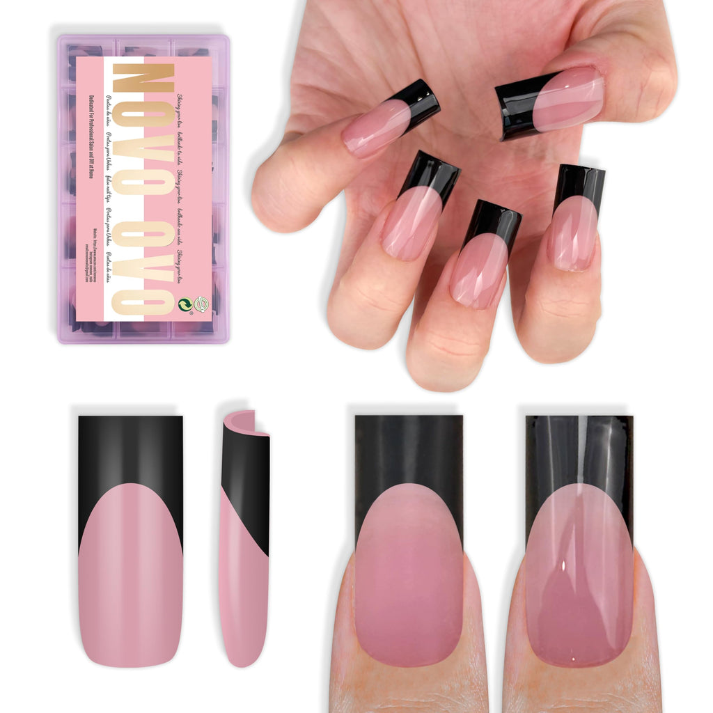 NOVO OVO Berry Pink Nail Tips – Medium Sharp Square Black French Tip, 180pc, 15 Sizes