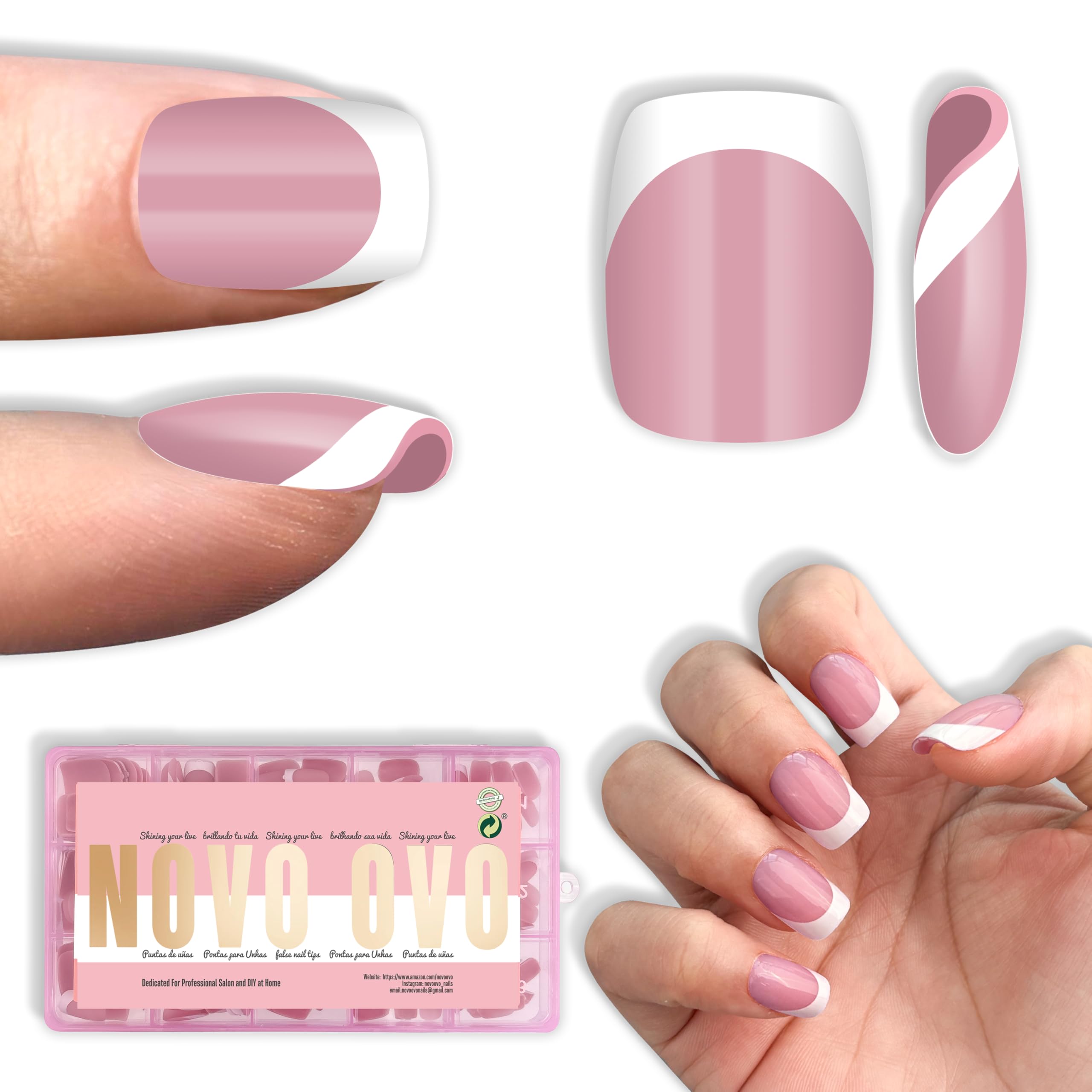 NOVO OVO Berry Pink Short Square Round French Tip Nails – 240 Pcs, 15 Sizes