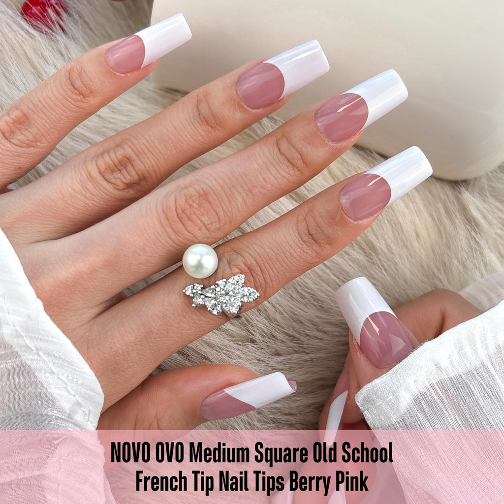 NOVO OVO Old School Wide White French Tip Nail Tips – Press On, Extra Thick Soft Gel, 15 Sizes, 240 pcs