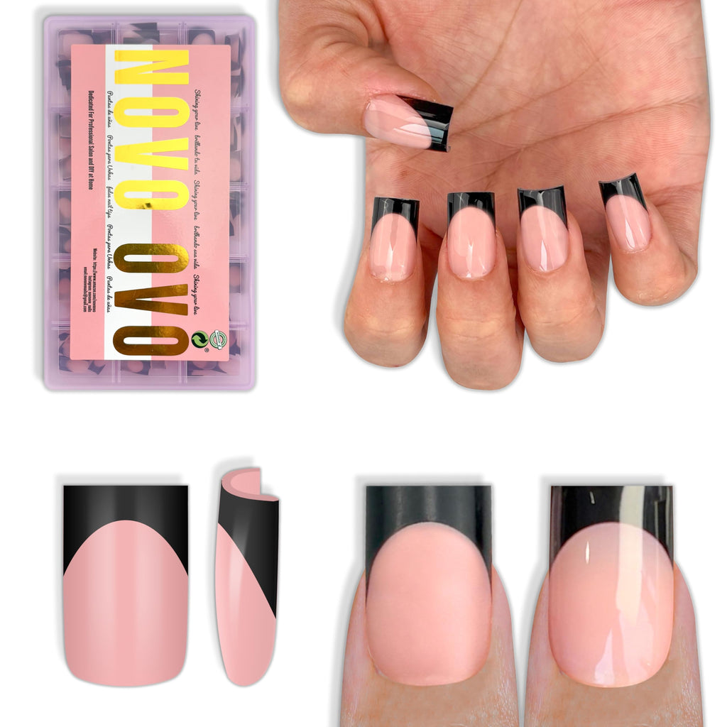 NOVO OVO Black French Tip Nails – Short Sharp Square, Baby Pink, 240 pcs, 15 Sizes