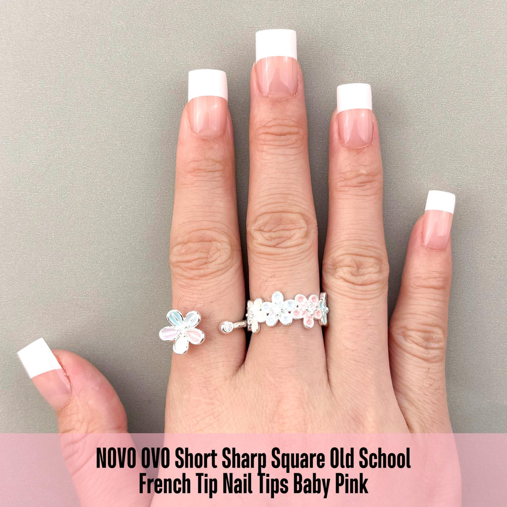 NOVO OVO Old School White French Tip Nail Tips – Baby Pink, 240 pcs, 15 Sizes