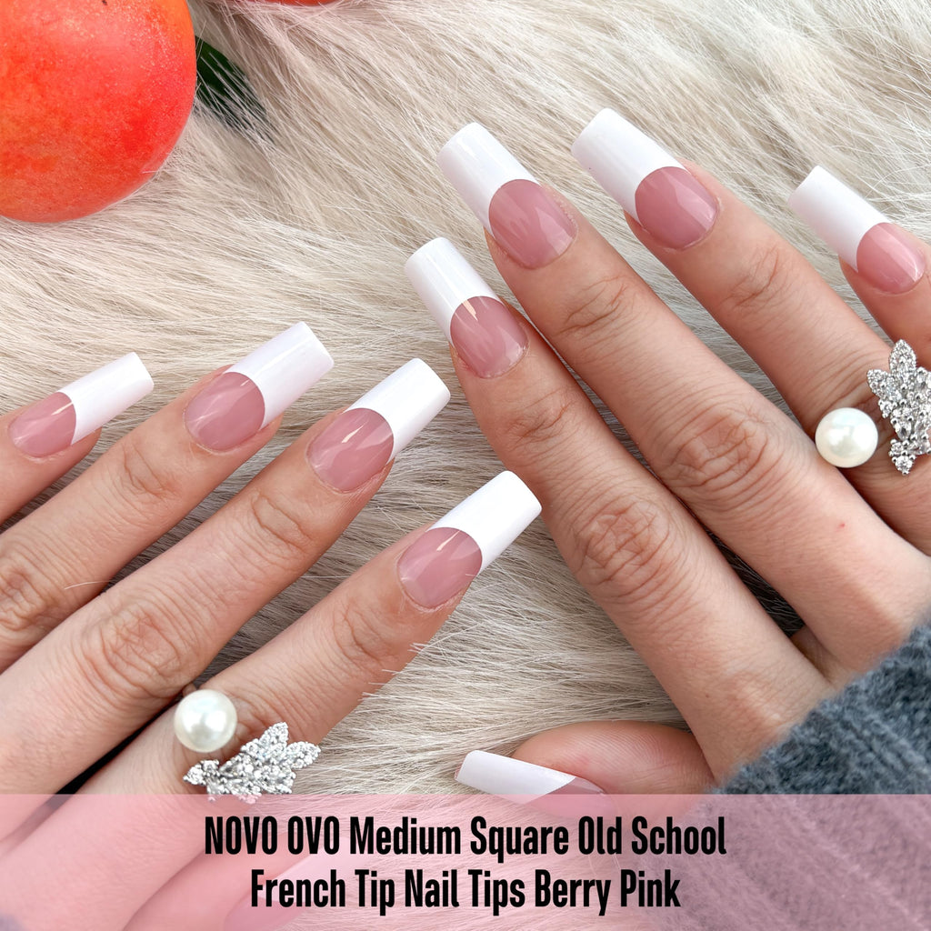 NOVO OVO Old School Wide White French Tip Nail Tips – Press On, Extra Thick Soft Gel, 15 Sizes, 240 pcs