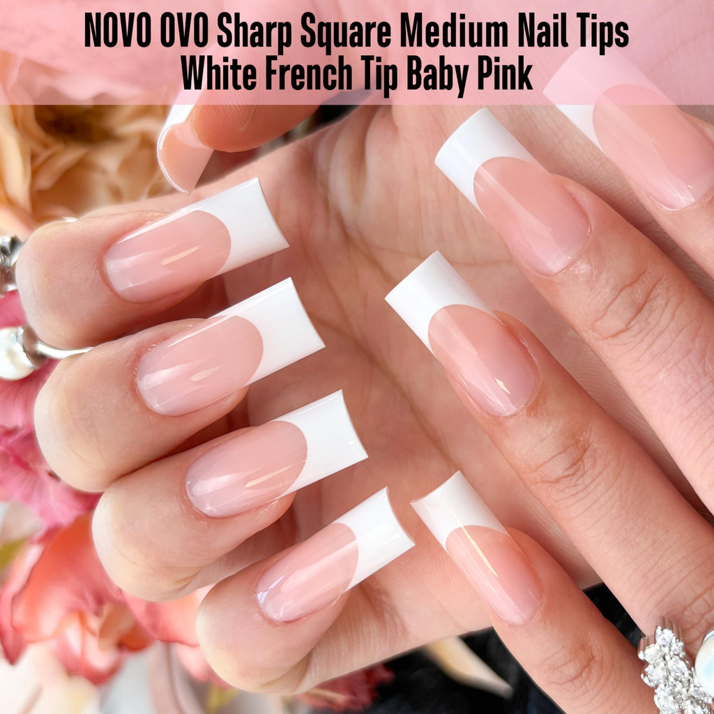 NOVO OVO Medium Sharp Square White French Tip Nail Tips – Baby Pink, Extra Thick Builder Gel & Top Coat, 180 pc