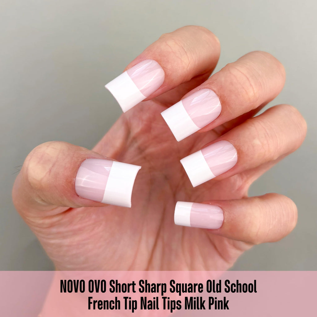 NOVO OVO Old School White French Tip Nails – Milky Pink, 240 pcs, 15 Sizes, Soft Gel Press-On Tips