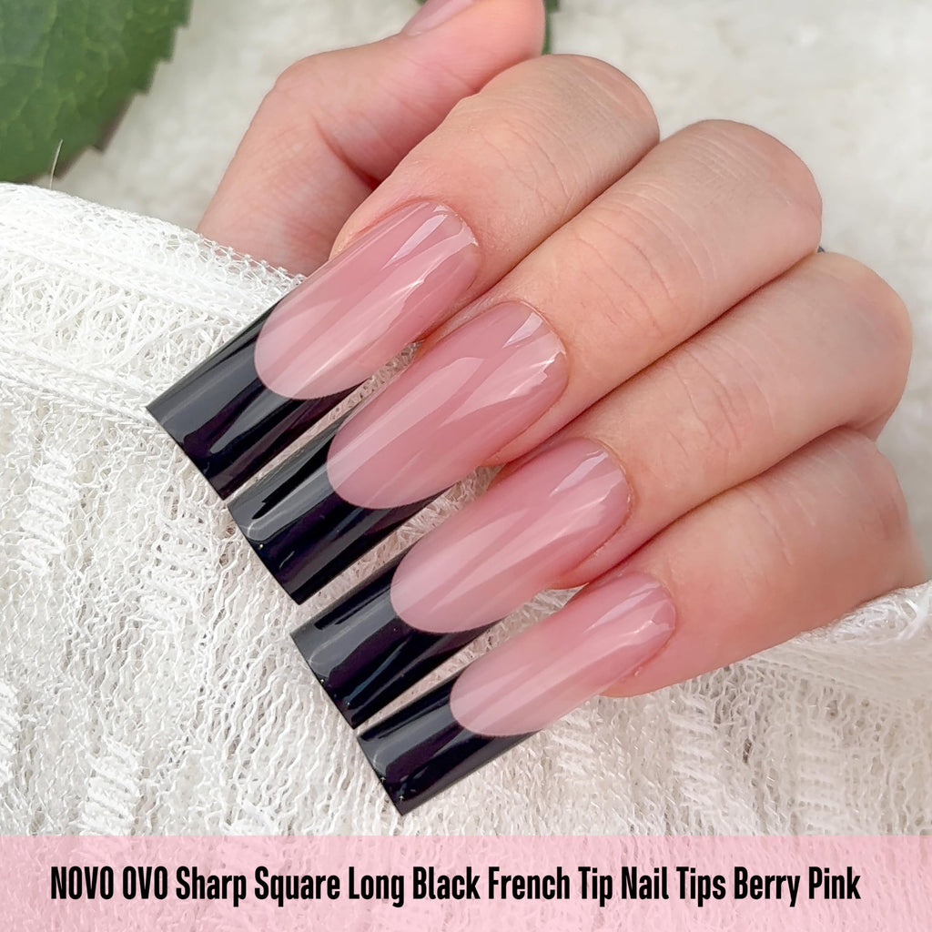 NOVO OVO Long Sharp Square Black French Tip Nail Tips – Berry Pink, 180 pc, 15 Sizes, Builder Gel Ready