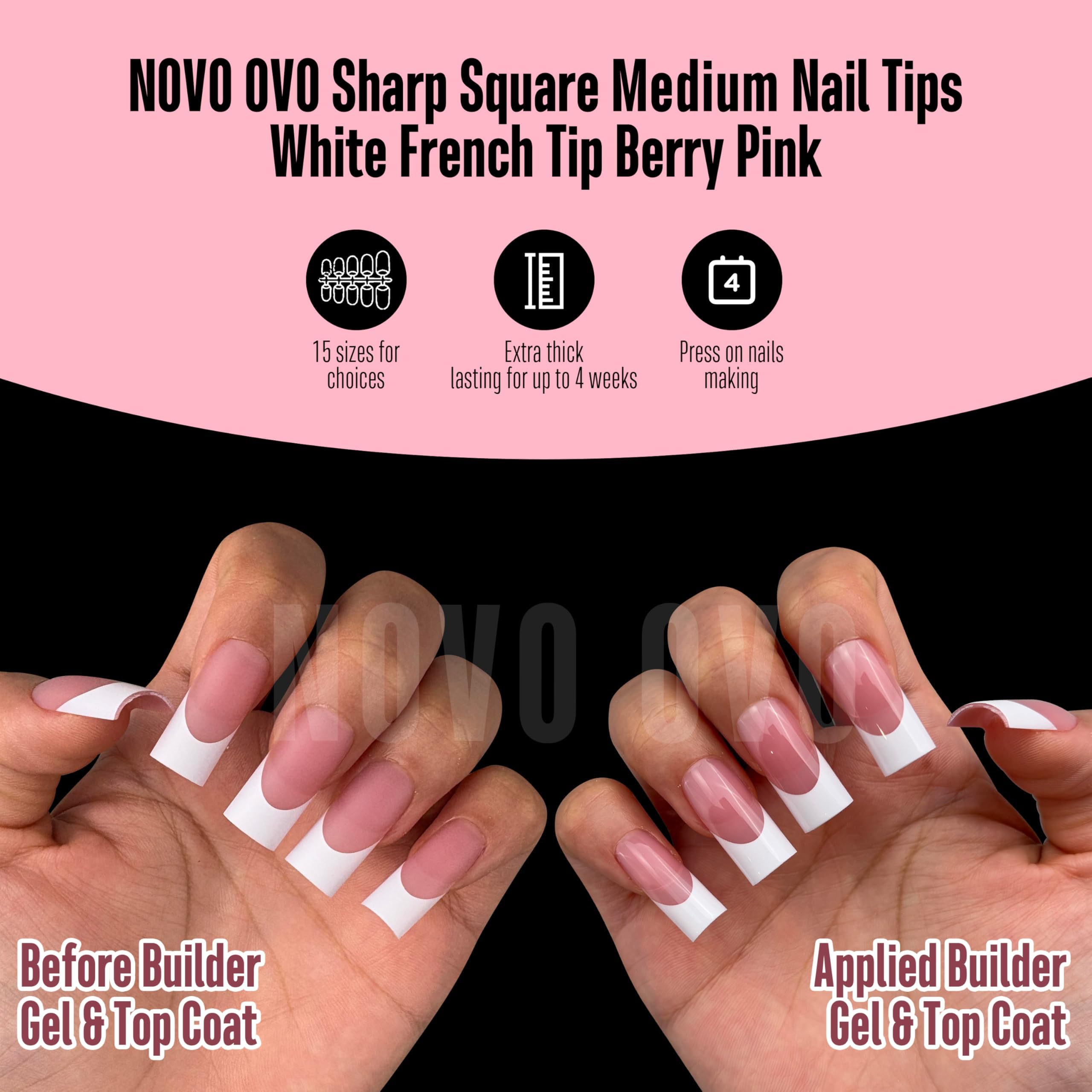 NOVO OVO Berry Pink French Tip Nails | Medium Sharp Square Press-On (180 pc) with Builder Gel & Top Coat