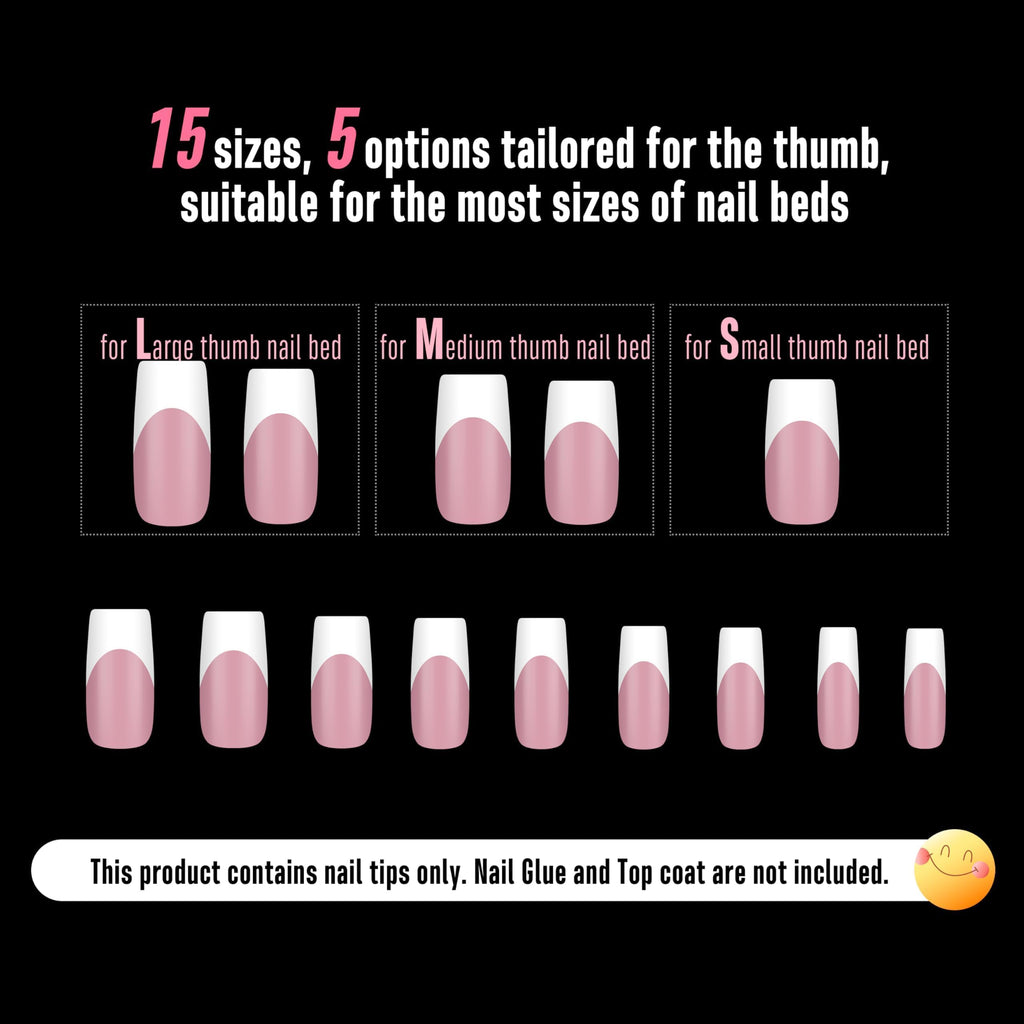 NOVO OVO White French Tip Nails – Berry Pink, Extra Thick Soft Gel, 240 pcs (15 Sizes)
