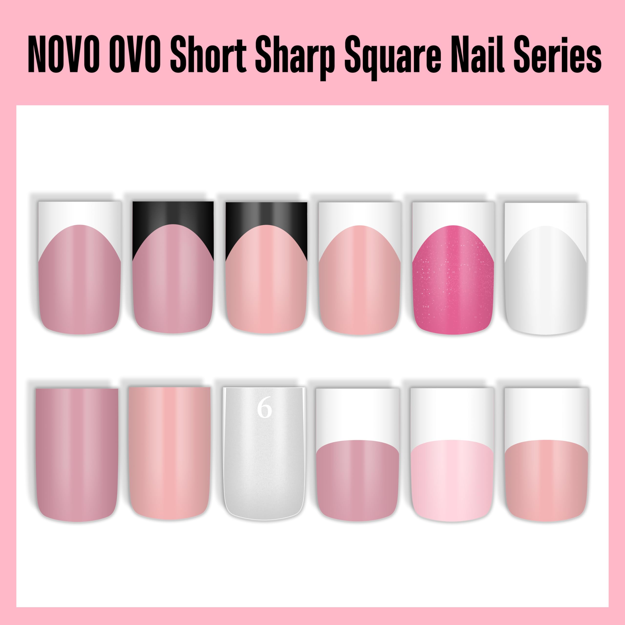 NOVO OVO Milky White Short Sharp Square French Tip Nails – Press-On Soft Gel Tips, 15 Sizes, 240 pcs
