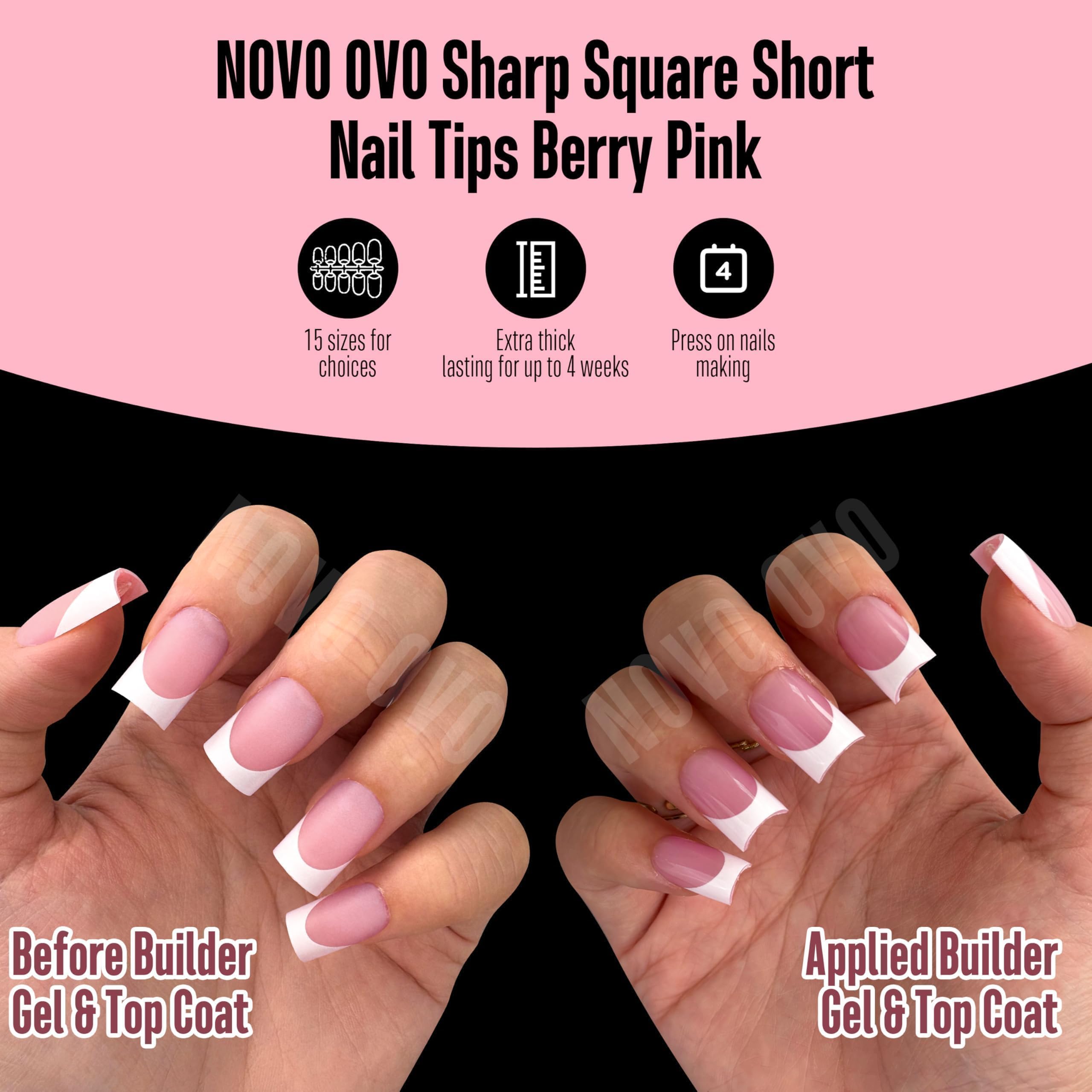 NOVO OVO Short Sharp Square White French Tip Nail Tips Berry Pink – 240 pcs, 15 Sizes