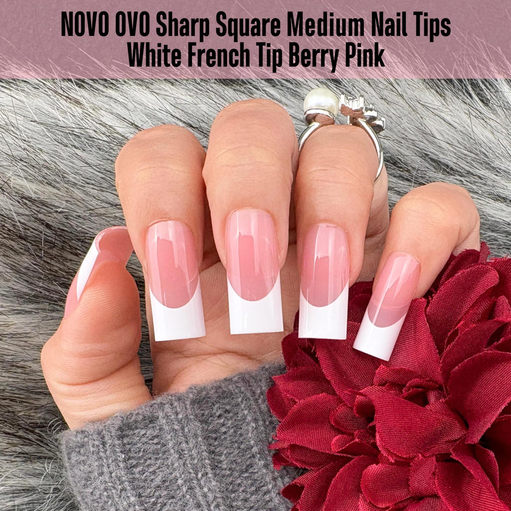 NOVO OVO Berry Pink French Tip Nails | Medium Sharp Square Press-On (180 pc) with Builder Gel & Top Coat