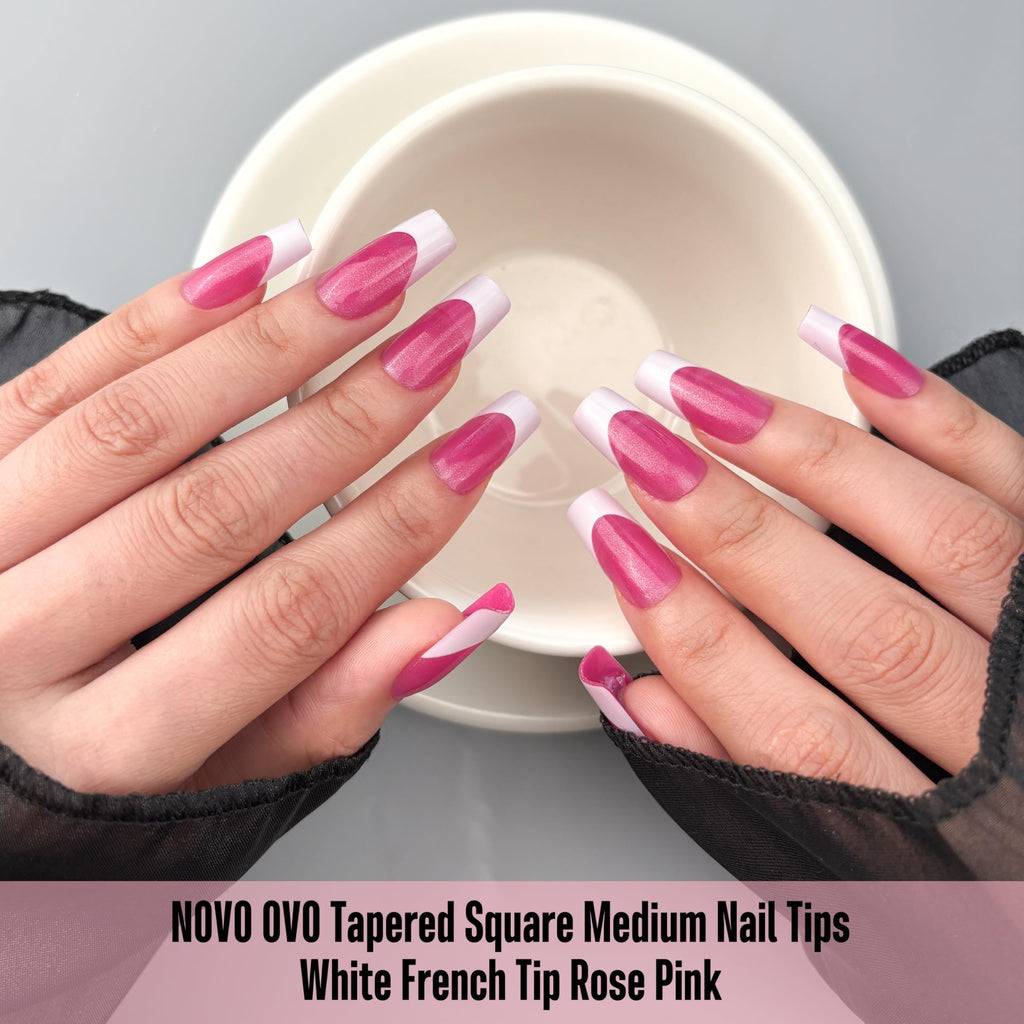 NOVO OVO White French Tip Square Nail Tips – Rose Pink, Extra Thick Soft Gel, 240 pcs (15 Sizes)