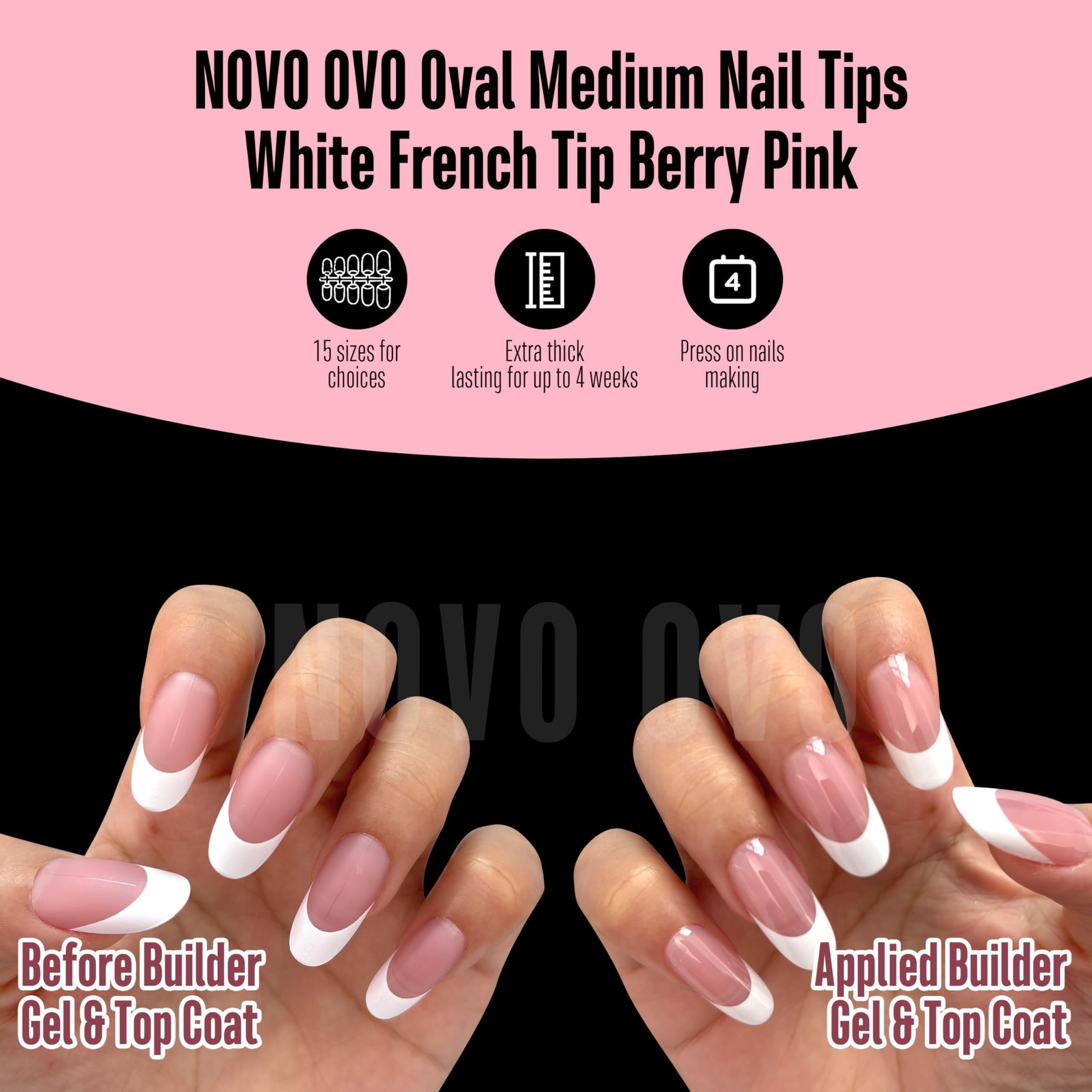 NOVO OVO White French Tip Oval Nails Berry Pink – Extra Thick Soft Gel Press-On, No Glue, 240 pcs, 15 sizes