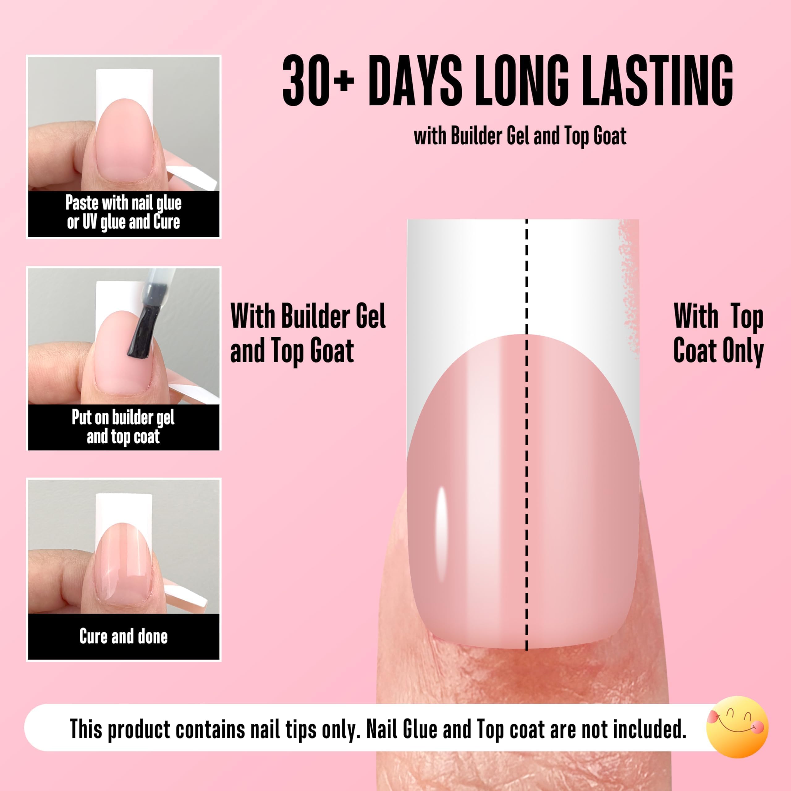 NOVO OVO Medium Sharp Square White French Tip Nail Tips – Baby Pink, Extra Thick Builder Gel & Top Coat, 180 pc